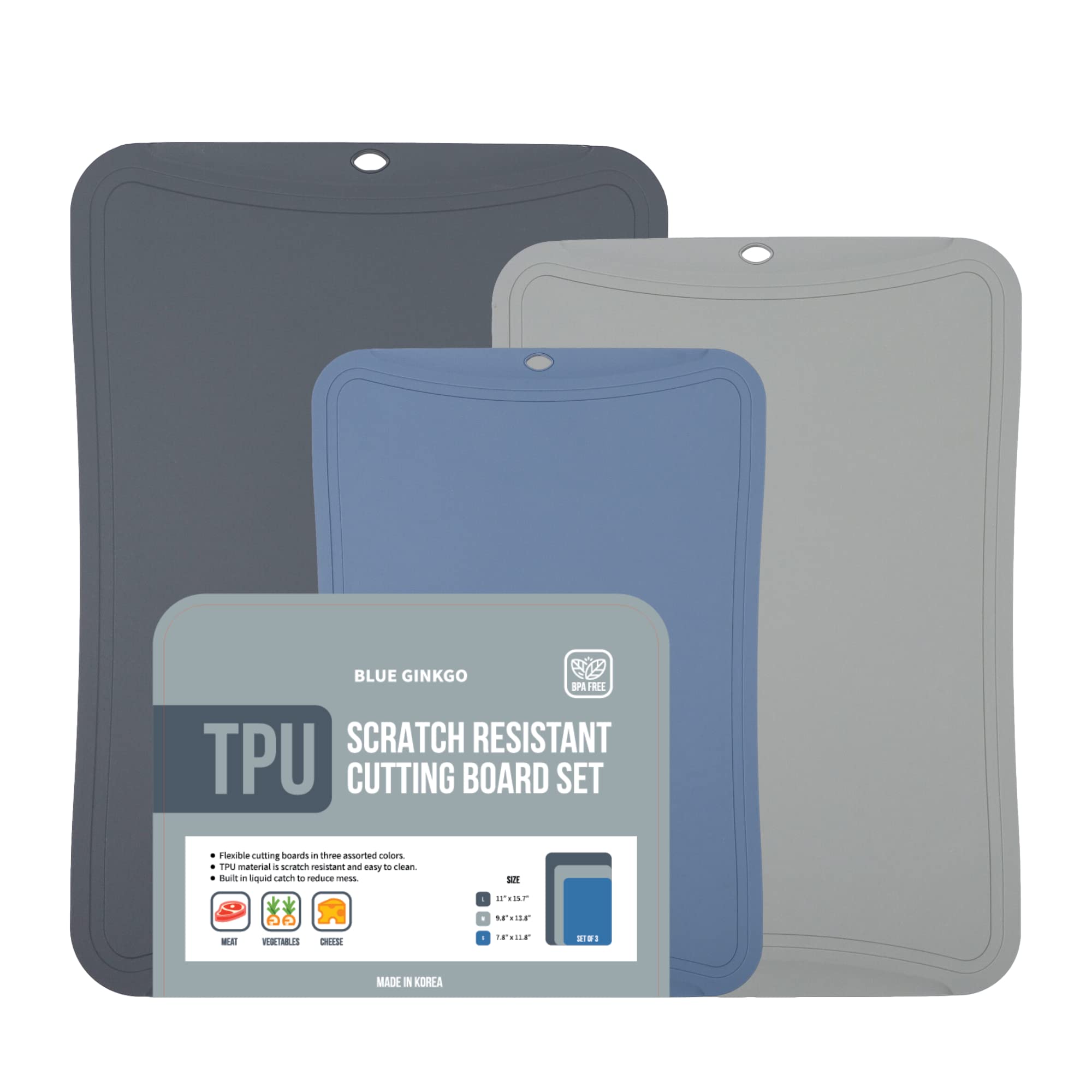 BLUE GINKGO front view showing three stacked TPU mats and packaging for compact storage benefit