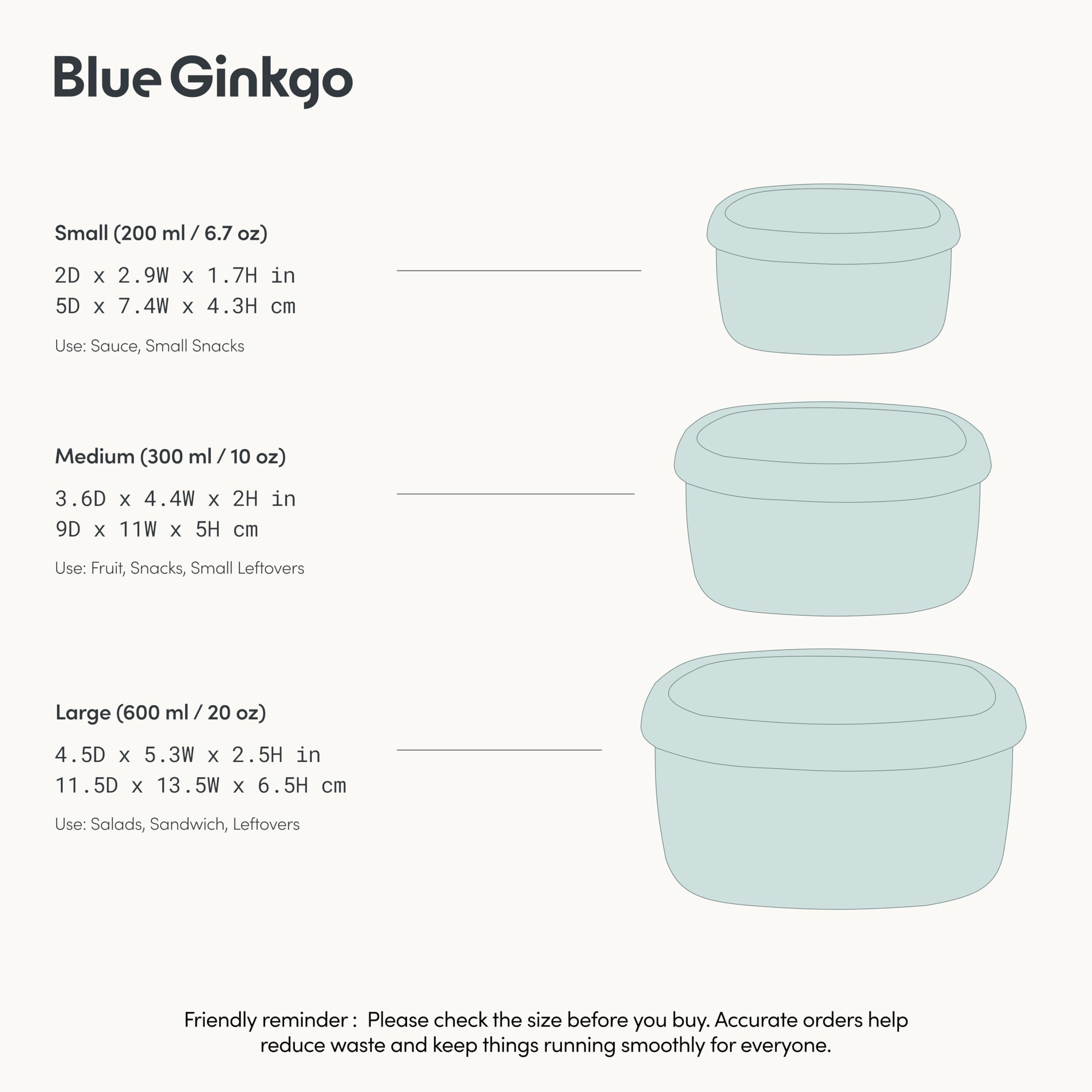 BLUE GINKGO three container sizes displayed side-by-side for portion variety