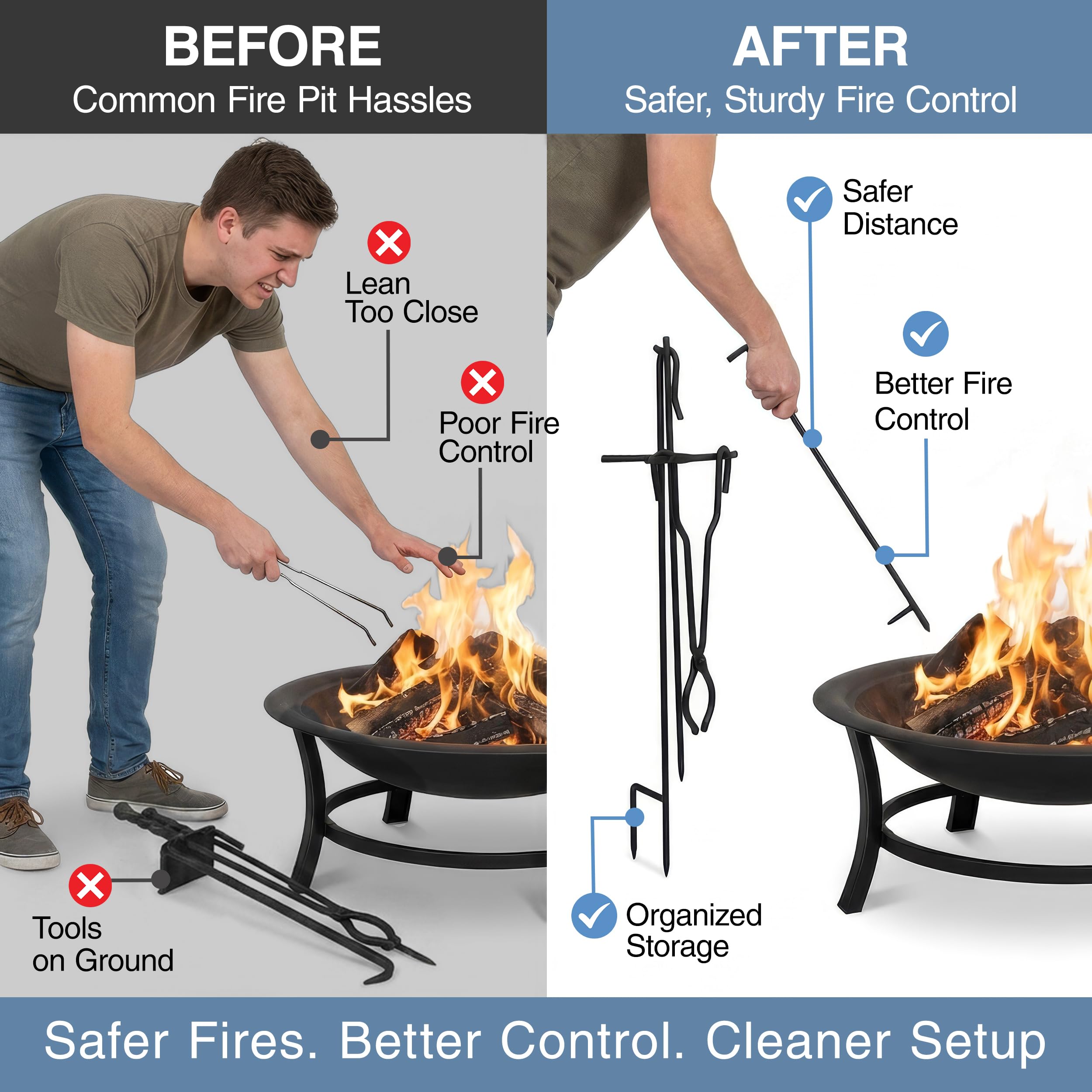 Blue Sky Outdoor Living set staged beside a backyard fire, organized tools for entertaining