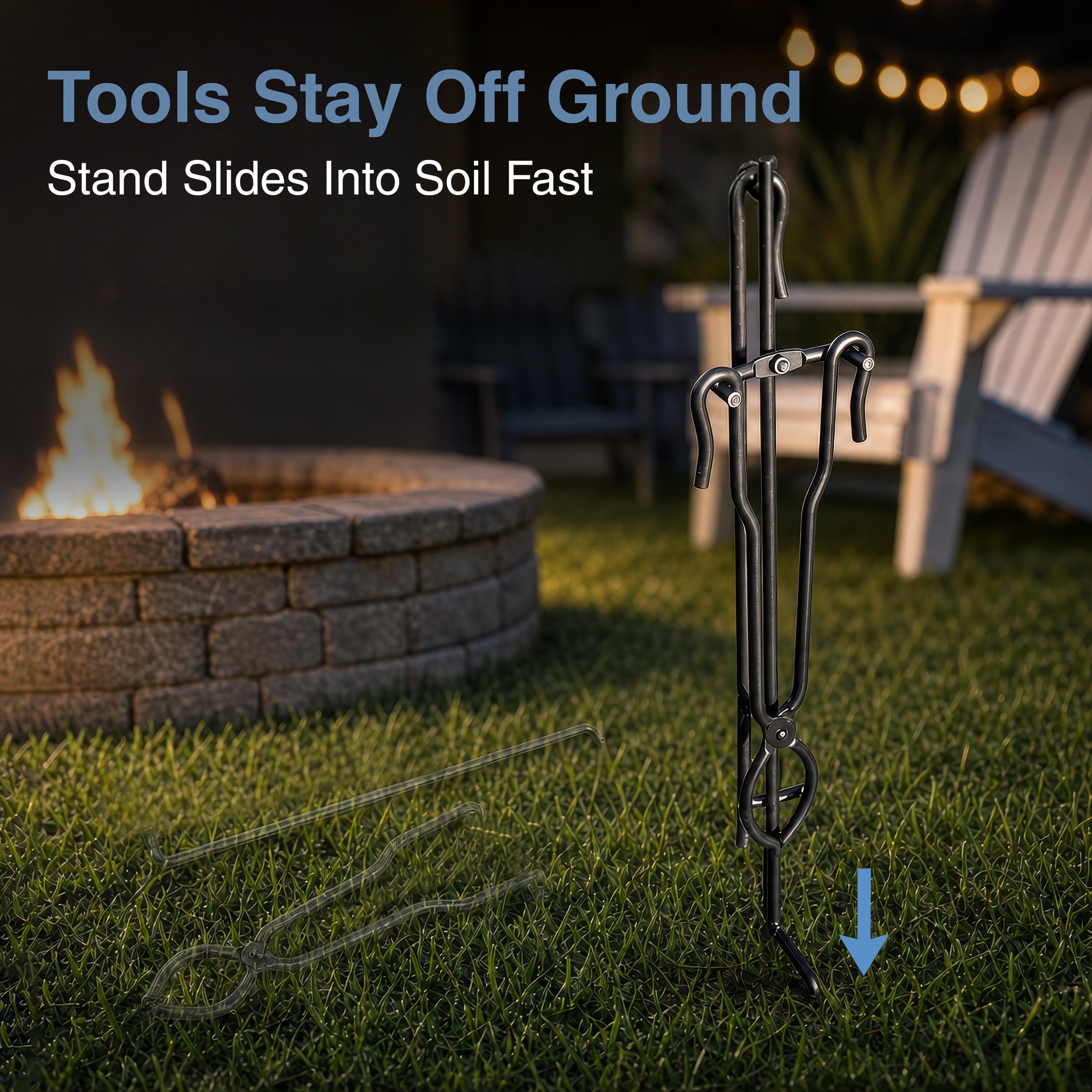 Blue Sky Outdoor Living poker tip detail showing solid steel construction, reliable ember control