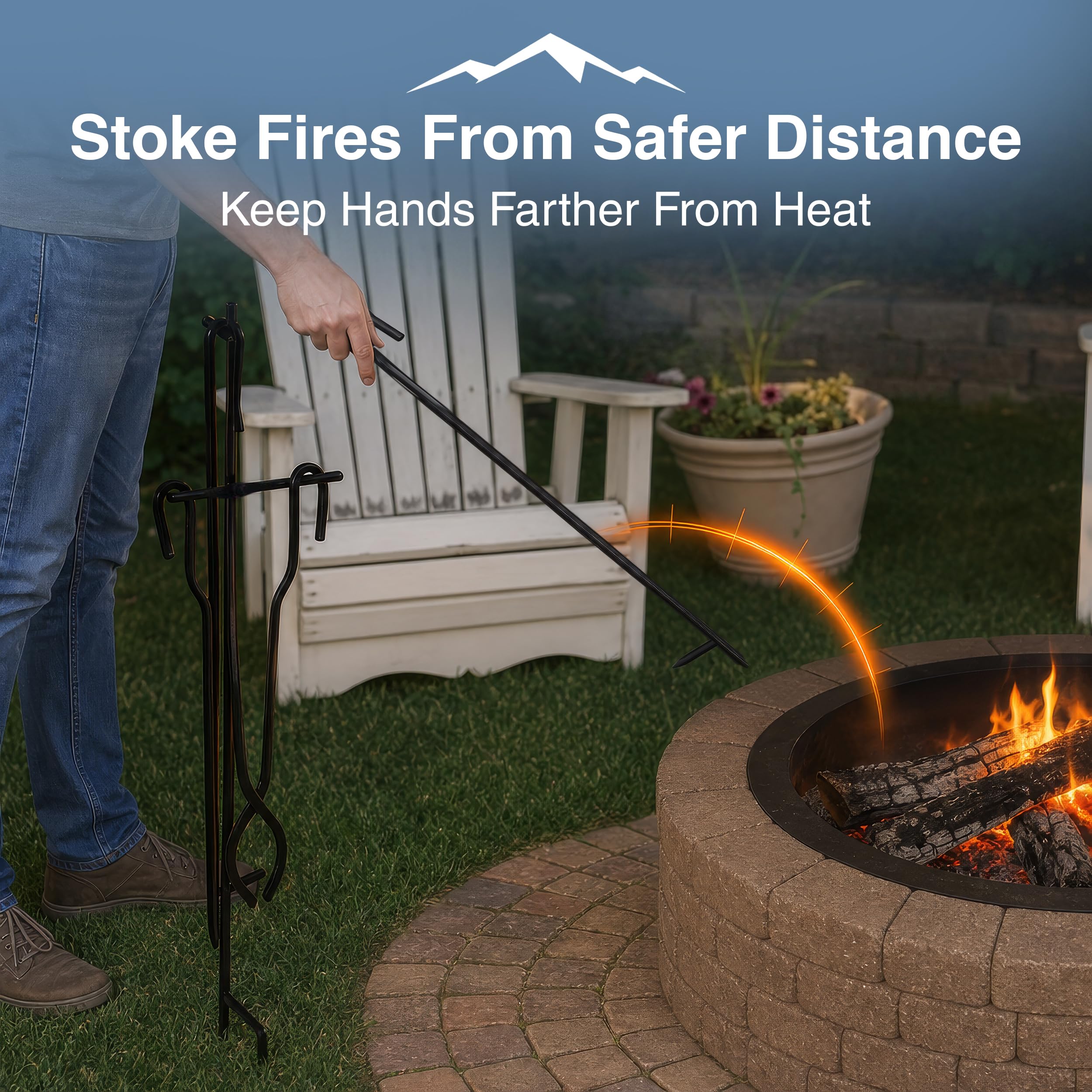 Blue Sky Outdoor Living tongs lifting a log in a fire pit, safe heavy-log handling
