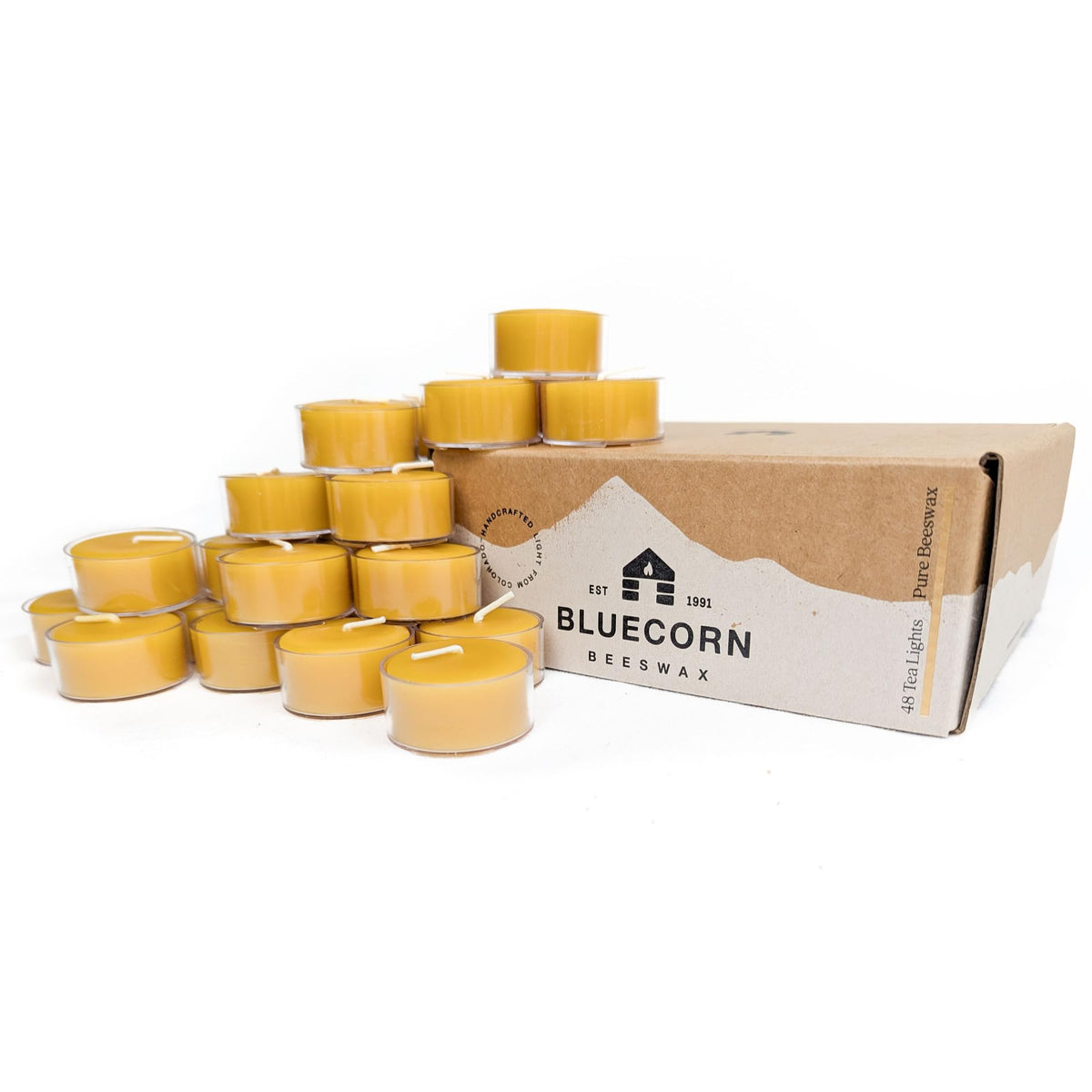 Bluecorn Beeswax front packaging showing 48-pack and clean burn benefits