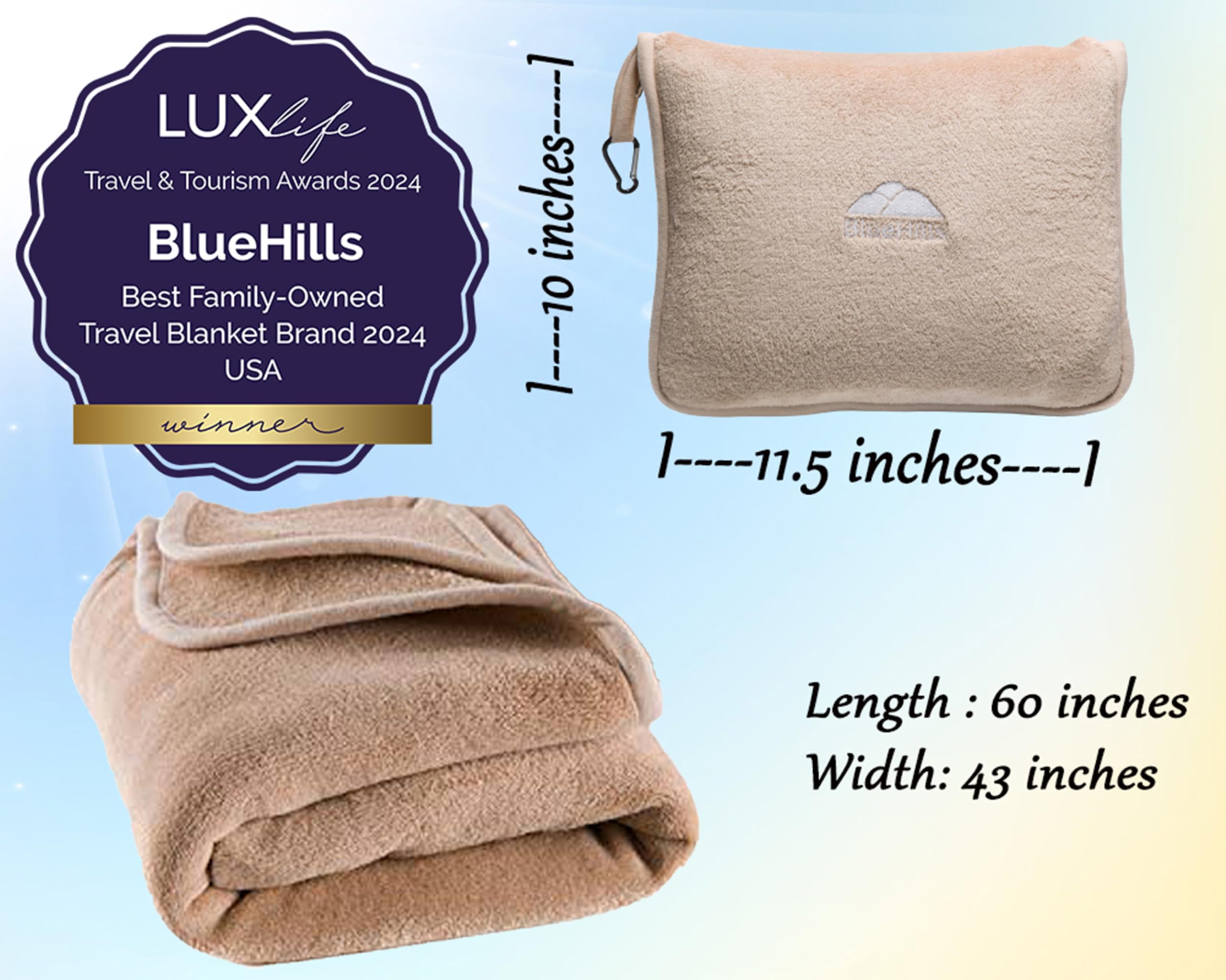 BlueHills clipped to backpack with carabiner for hands‑free portability