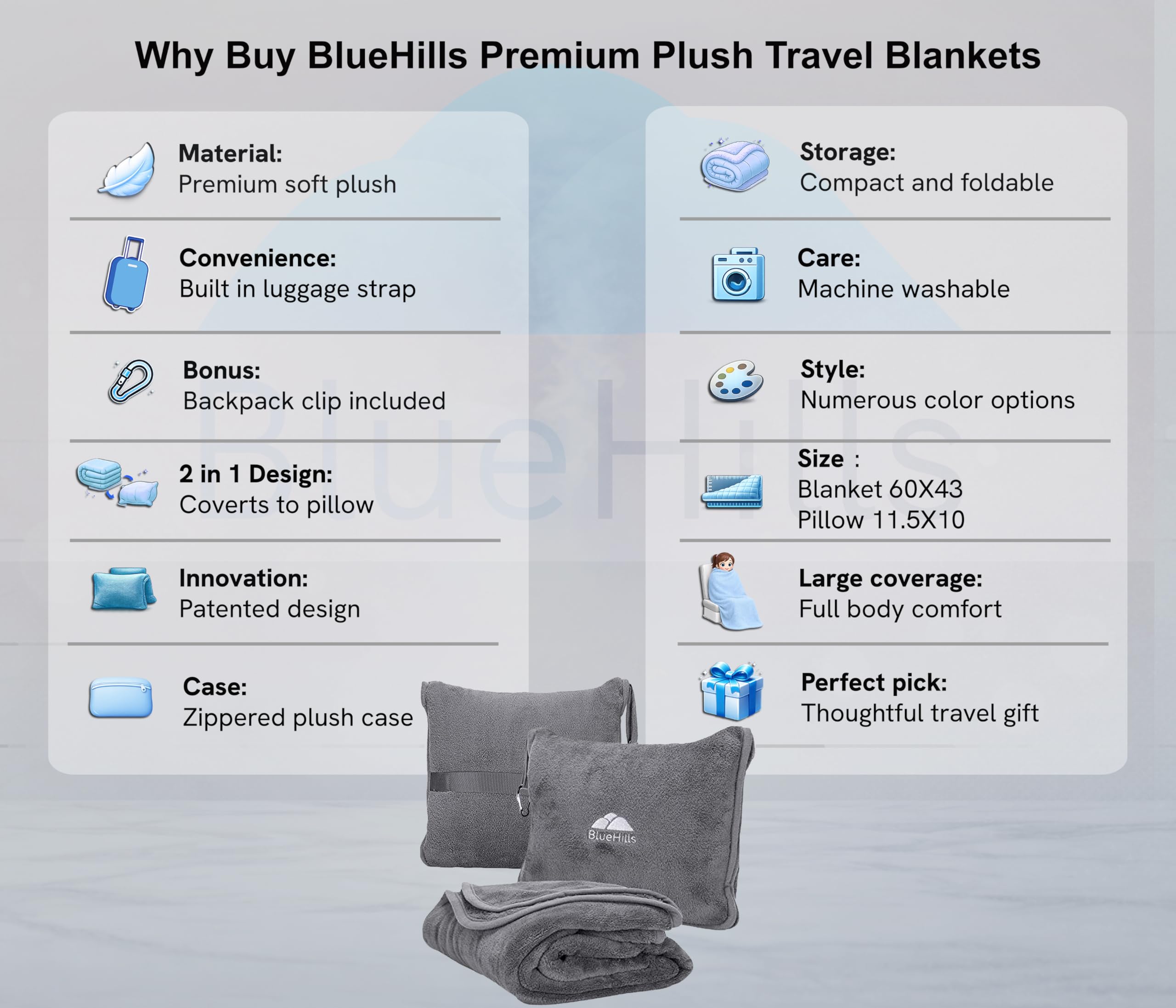 BlueHills packed blanket used as pillow in pouch offering neck support on the go