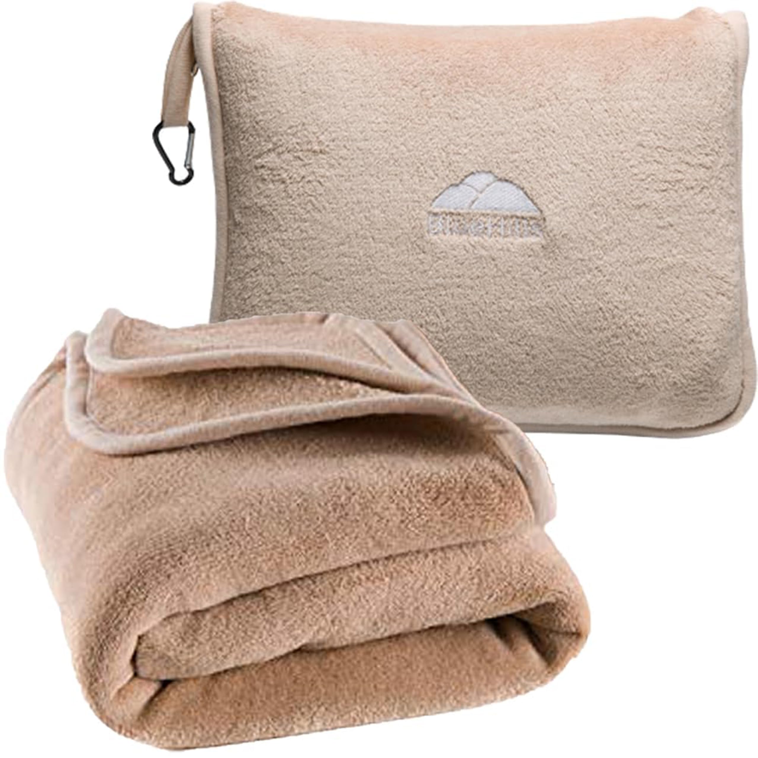 BlueHills front packaging showing beige blanket pillow and zipper bag for easy packing