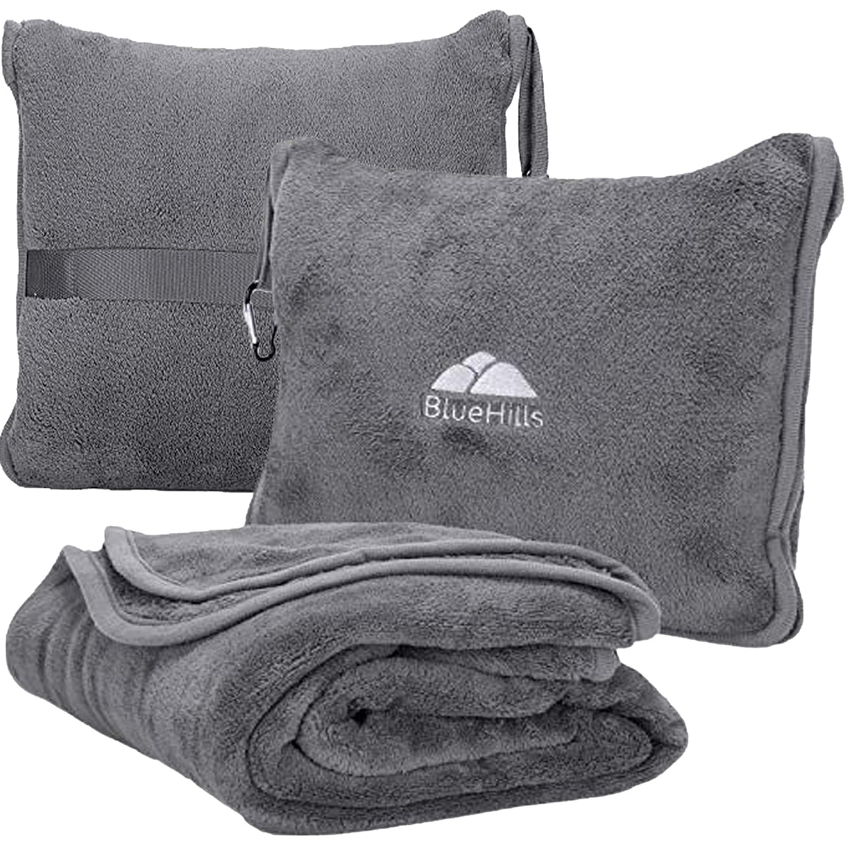 BlueHills front view of gray travel blanket package showing compact carry case and soft fabric comfort