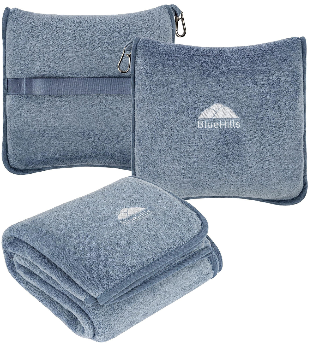 BlueHills front packaging in grayish blue showing compact pillowcase and branding, easy travel storage benefit
