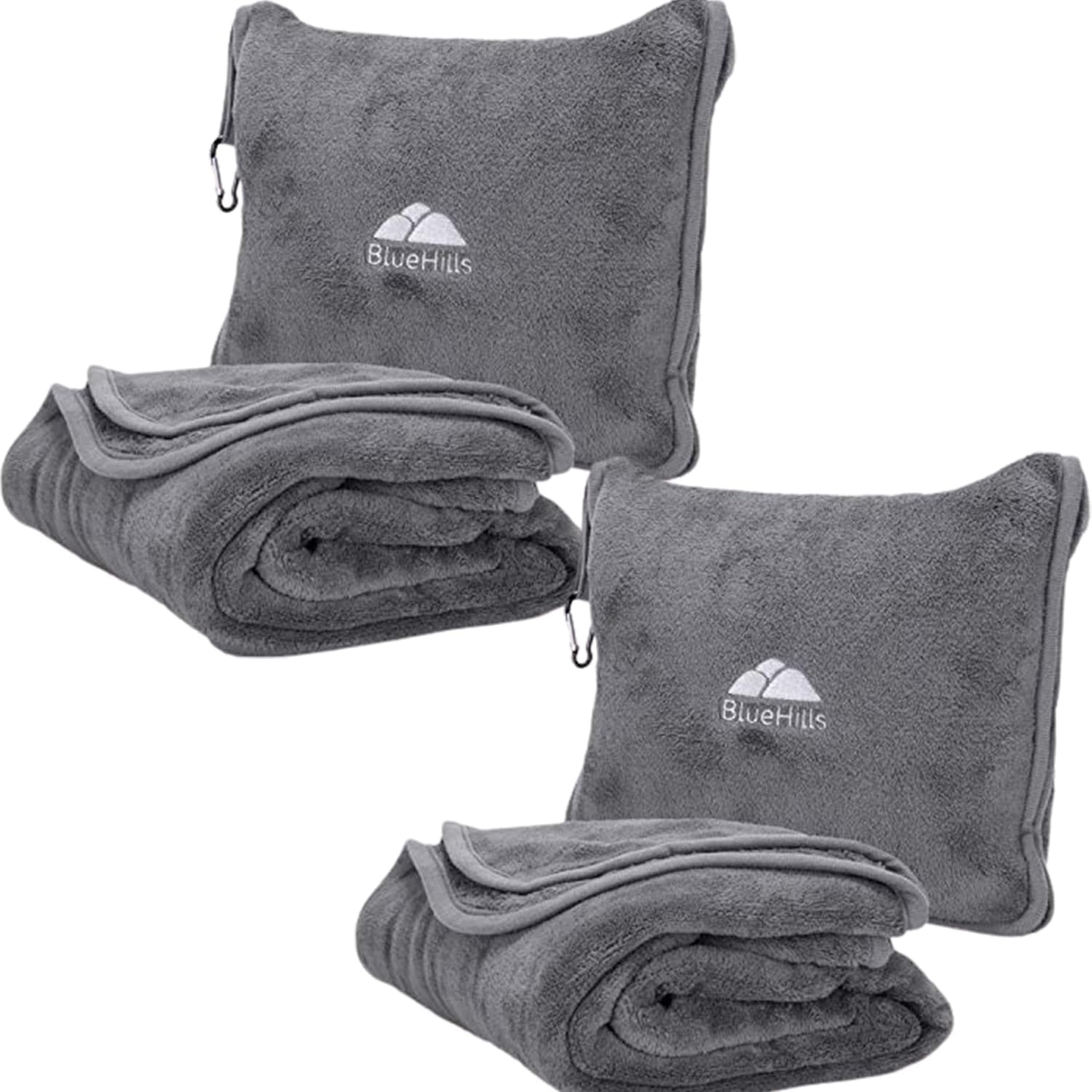 BlueHills front packaging showing compact travel blanket pillow and benefits