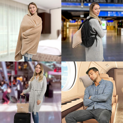 BlueHills used on an airplane seat offering neck support and cozy warmth