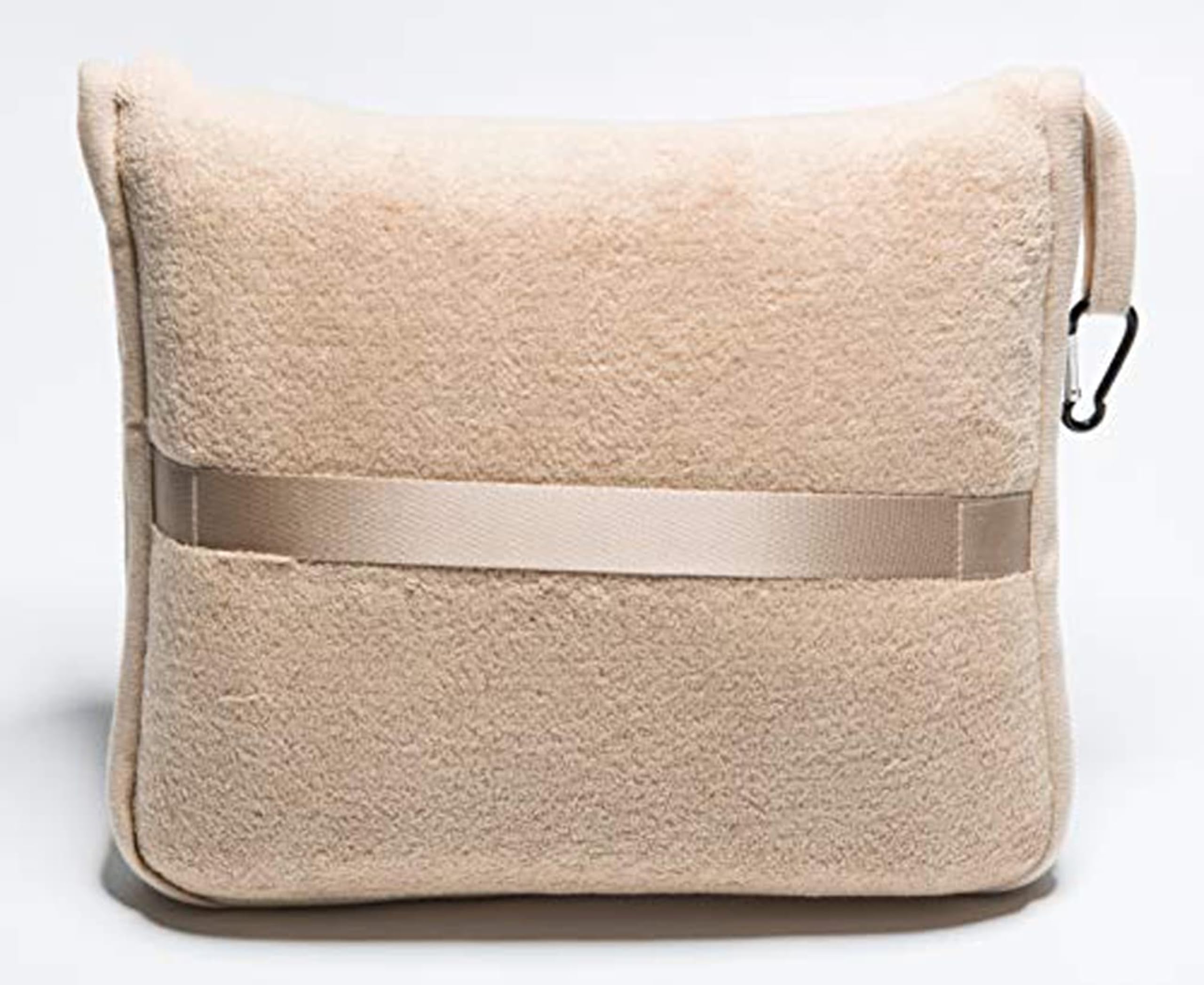 BlueHills beige blanket pillow in a travel scene showing versatile on-the-go comfort