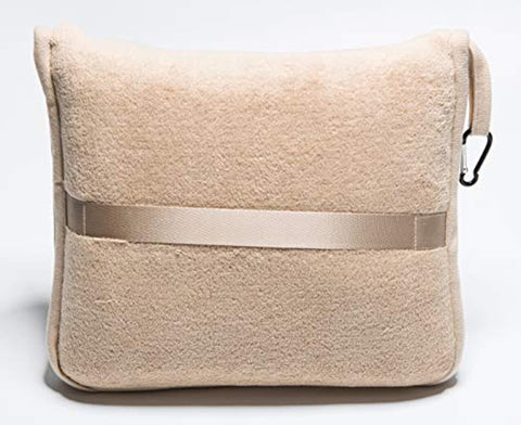 BlueHills beige blanket pillow in a travel scene showing versatile on-the-go comfort