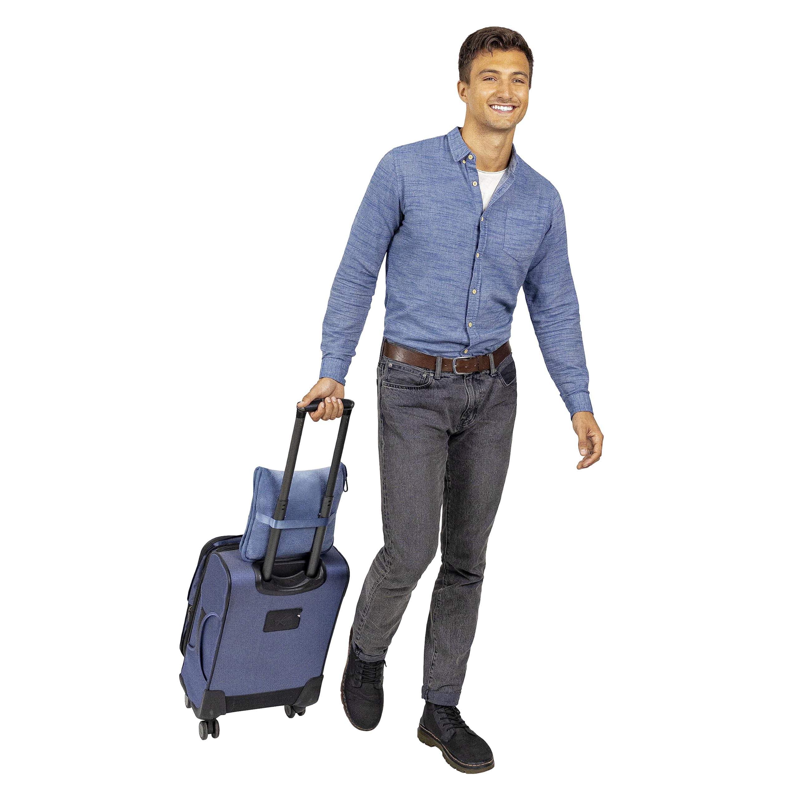 BlueHills packed pillow clipped to suitcase handle demonstrating quick access and travel convenience benefit