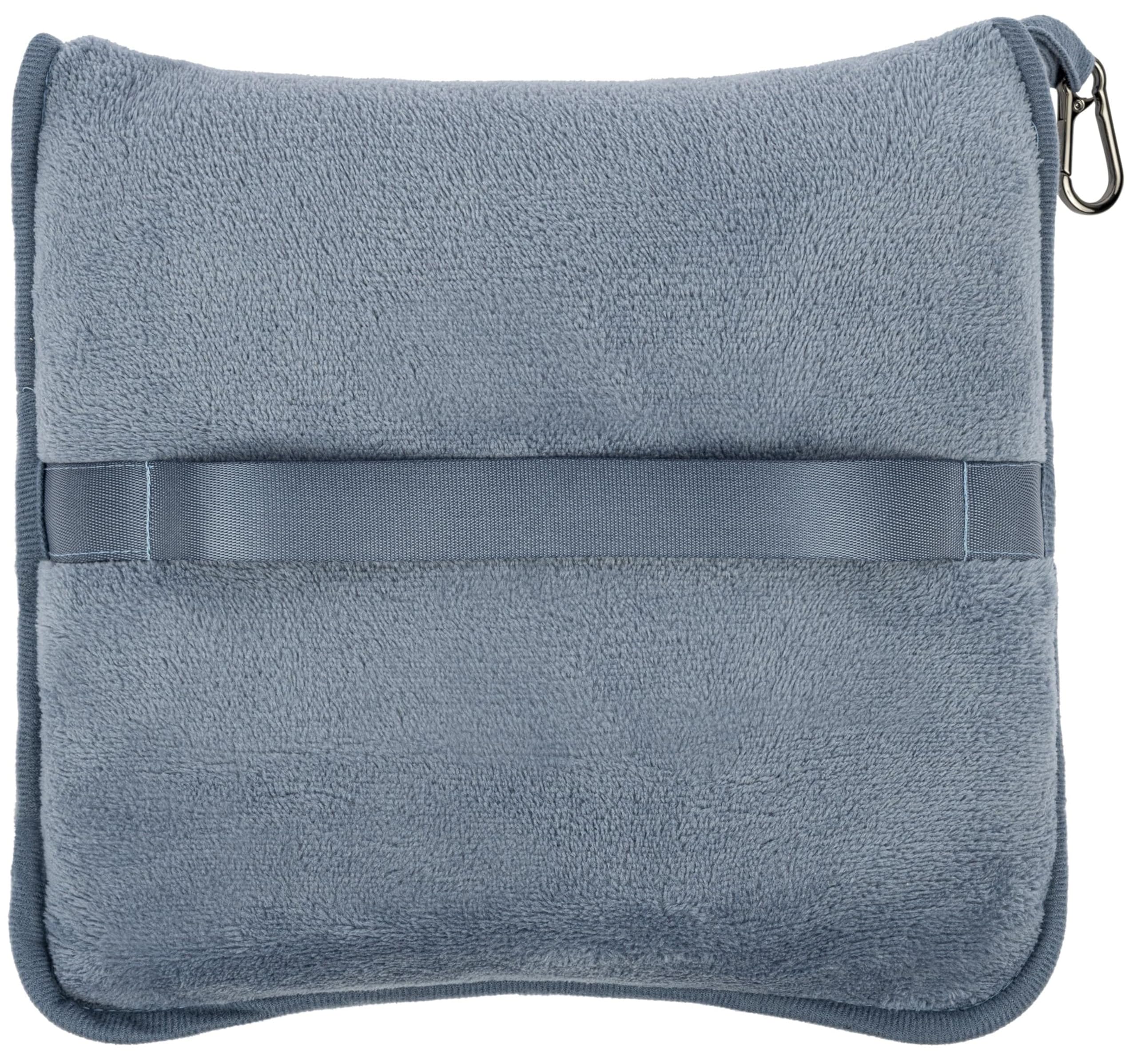 BlueHills blanket next to a water bottle showing compact packed scale and portable convenience benefit
