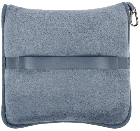 BlueHills blanket next to a water bottle showing compact packed scale and portable convenience benefit