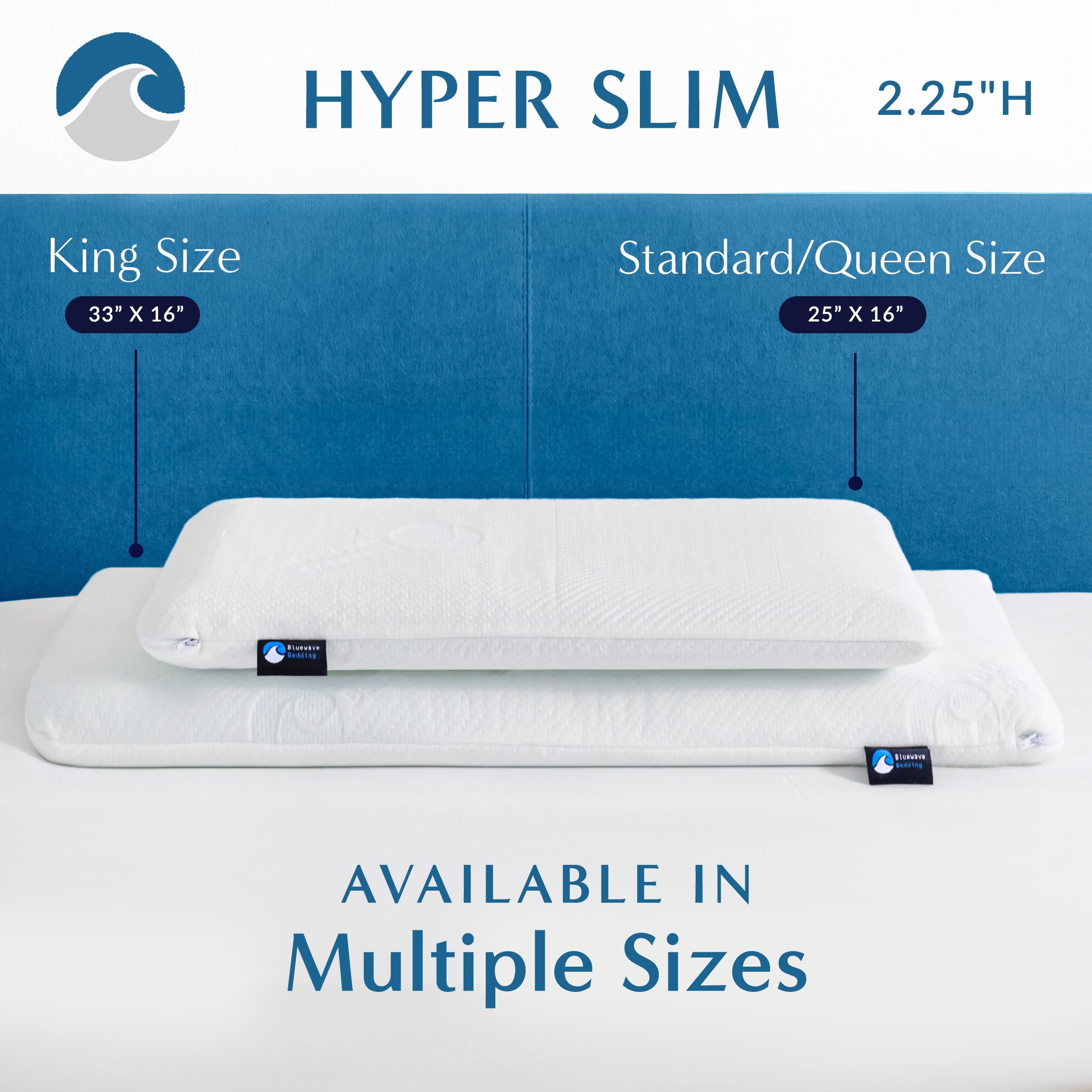 Bluewave pillow on made bed in bedroom setting, promotes restful sleep