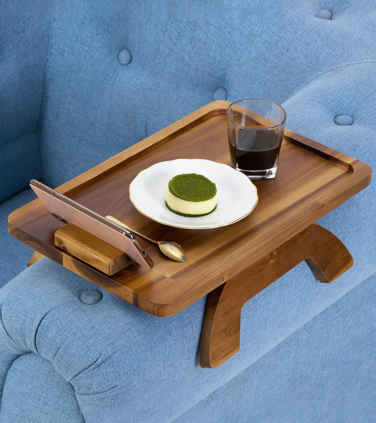 BLUEWEST front view of acacia arm tray showing warm finish and stable surface