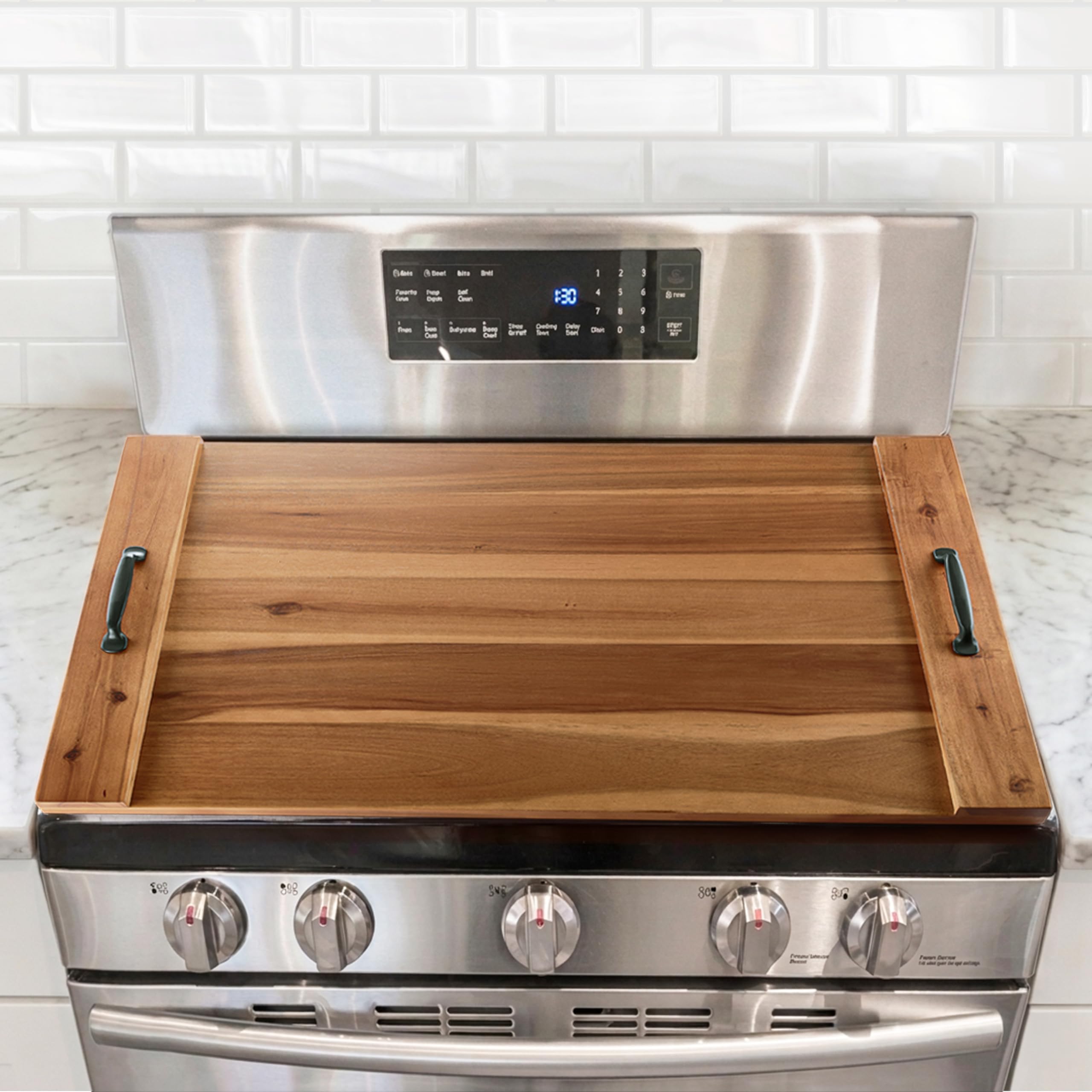 BLUEWEST front view of acacia stove cover showing clean profile and fit