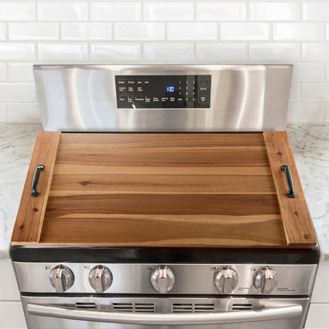 BLUEWEST front view of acacia stove cover showing clean profile and fit