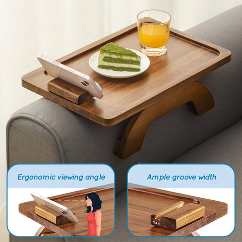 BLUEWEST tray in use on couch holding drink, remote, and phone within reach
