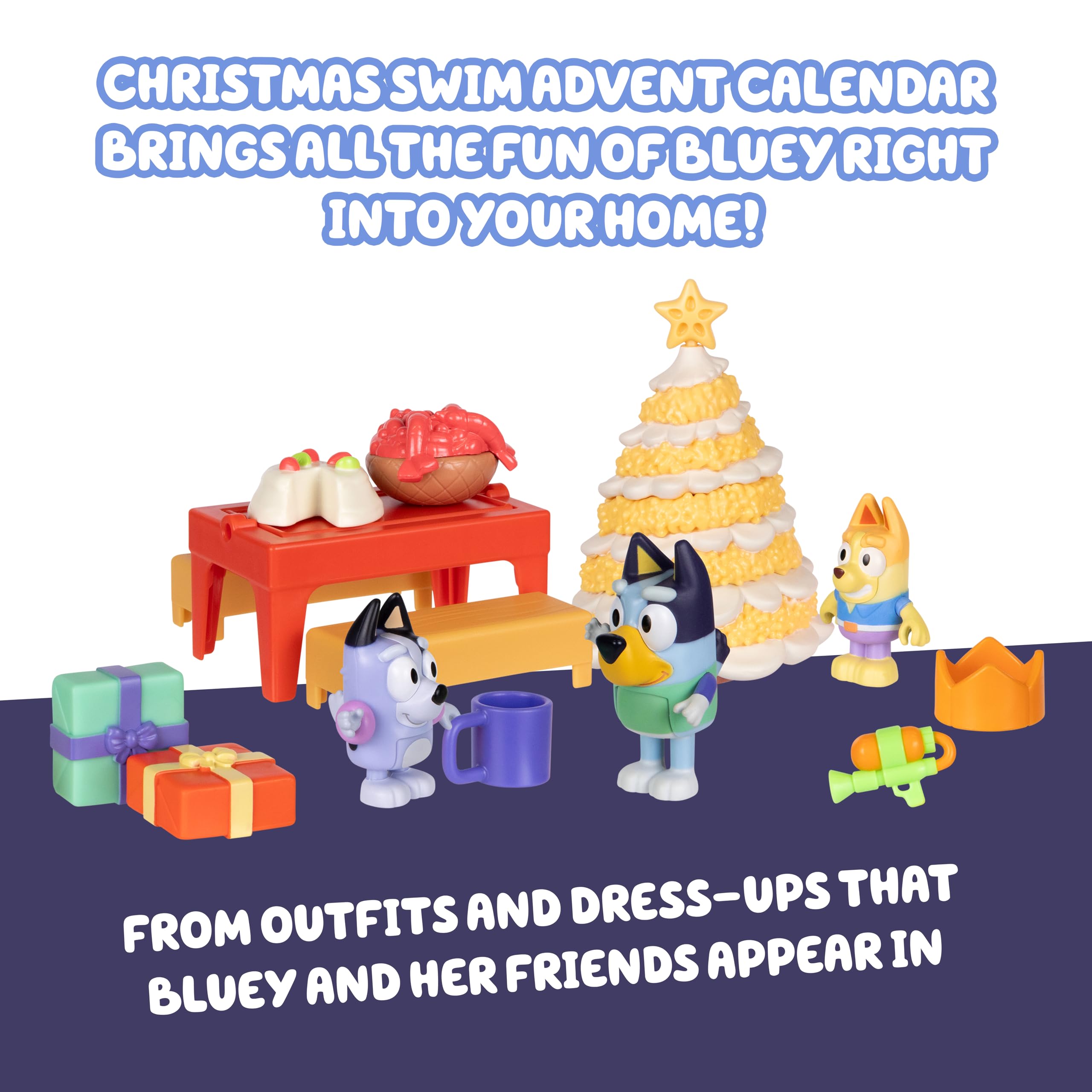 Bluey accessories layflat display showing swim gear and holiday props for play