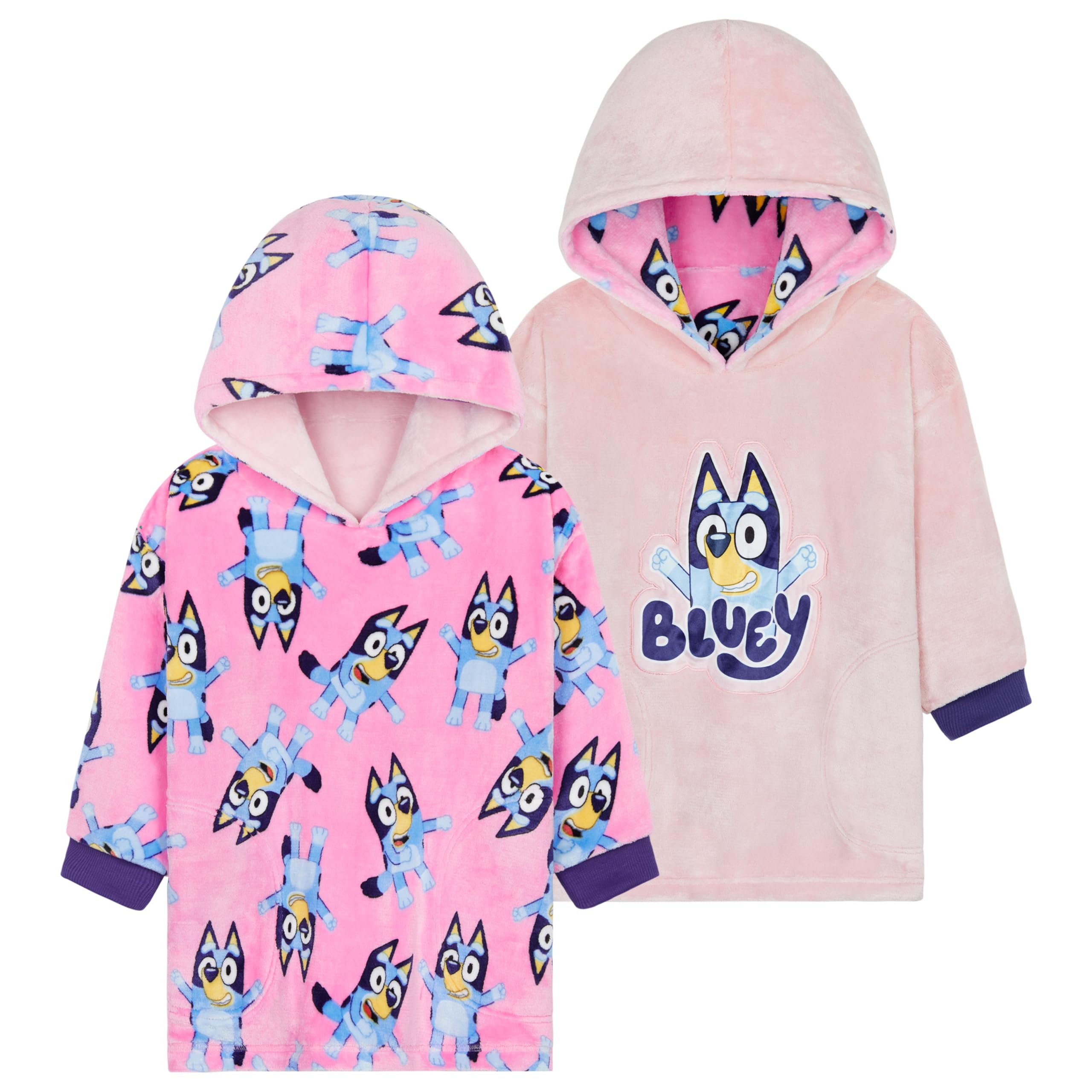 Bluey front view hoodie pink reversible showing character and cozy warmth