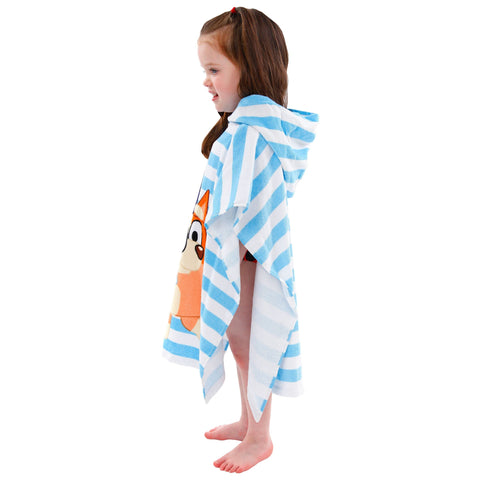Bluey towel laid flat with size comparison for generous coverage