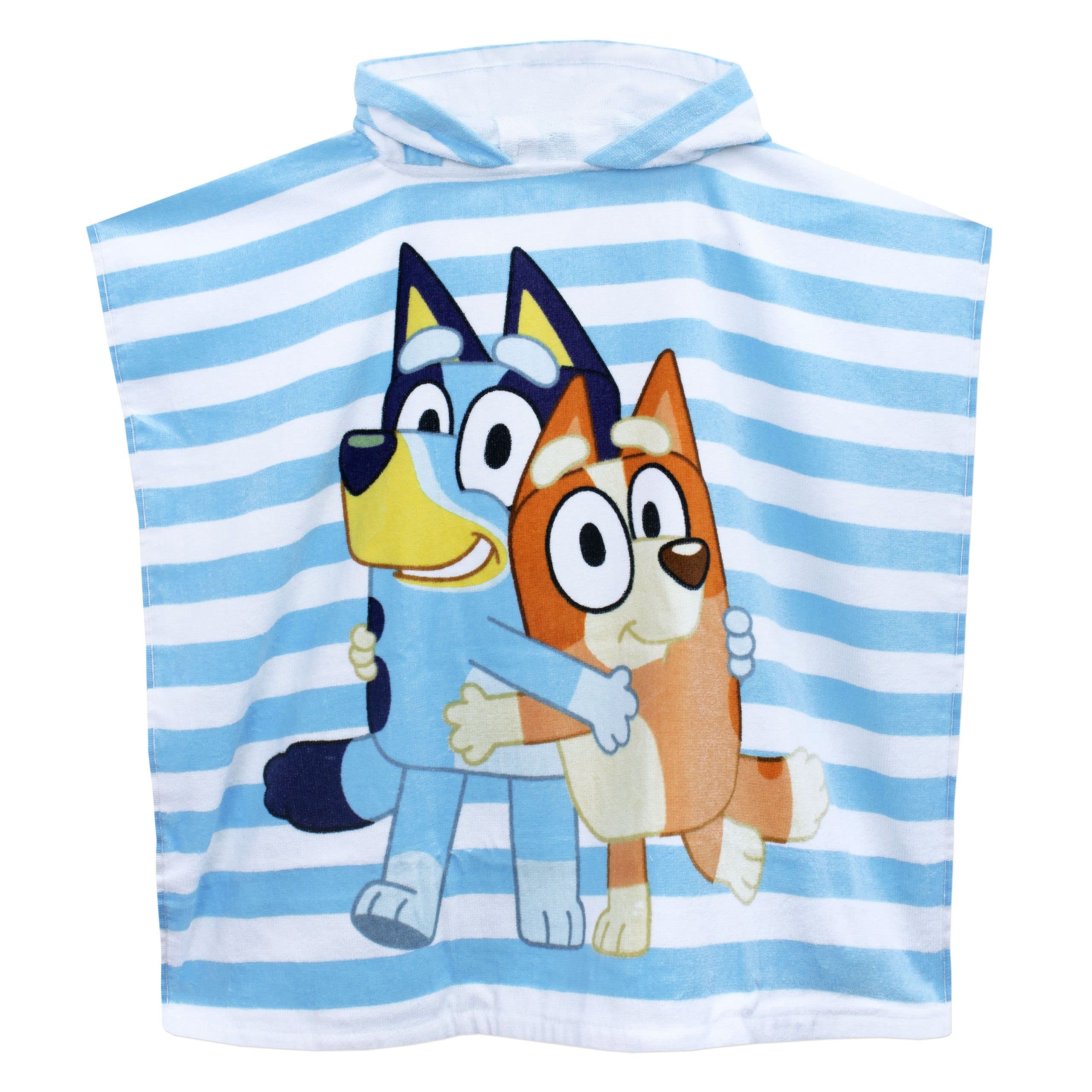 Bluey towel on sandy beach keeping child warm and protected