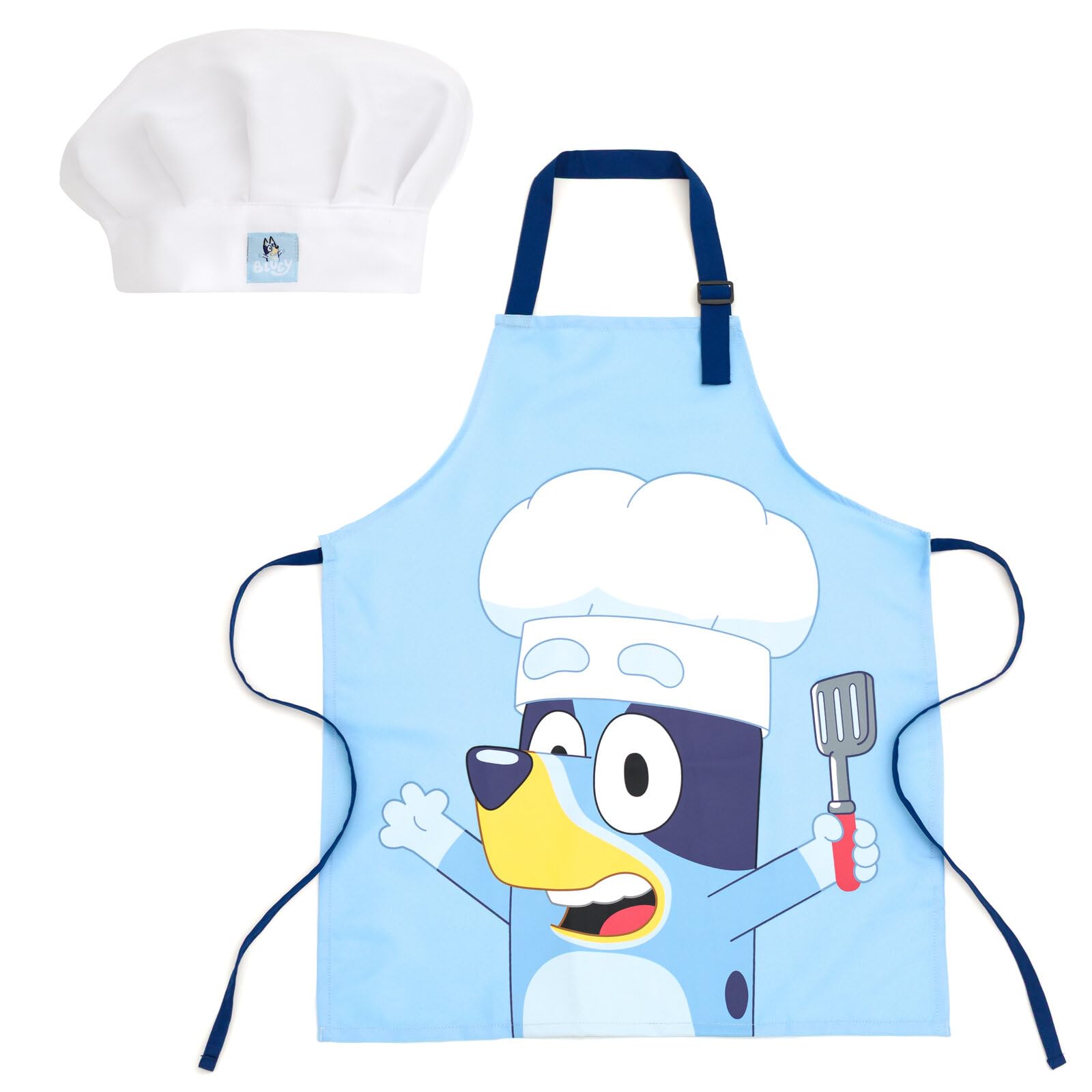 Bluey toddler apron front view showing character print and adjustable tie for protection