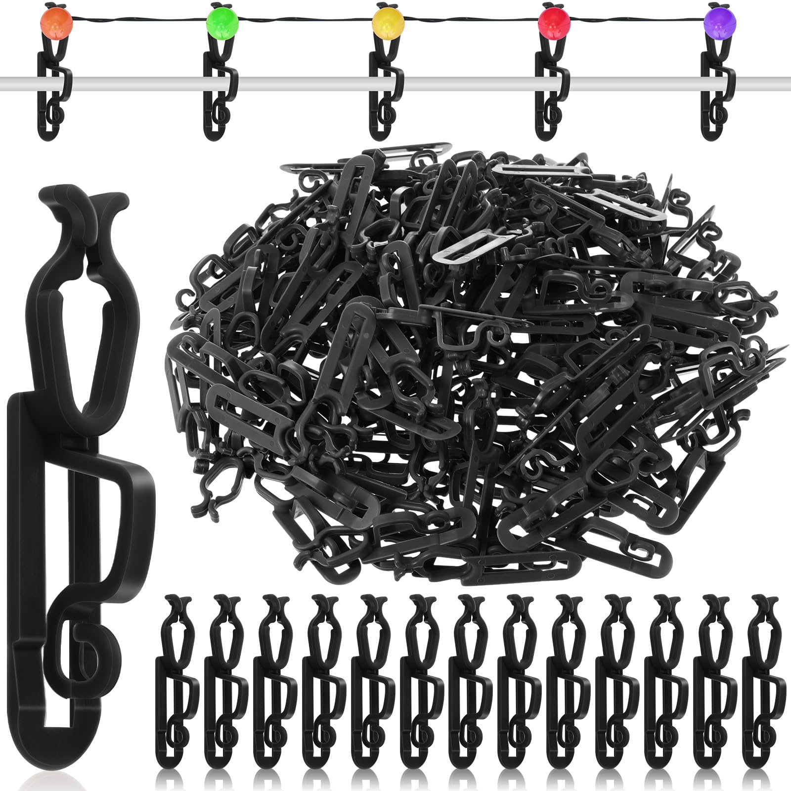 Blulu front view of black Christmas light clip showing overall shape and easy installation benefit