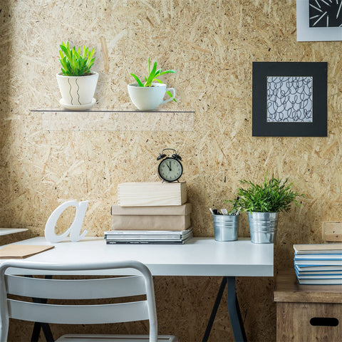 Blulu shelf beside common items showing 14-by-5-inch size benefit
