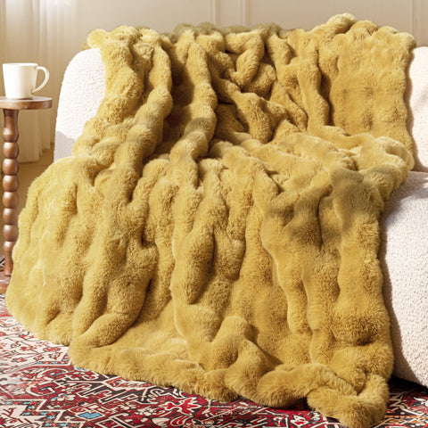 blunique front view of dark yellow throw showing color and finish for instant warmth