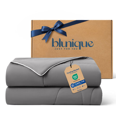 blunique front packaging showing grey comforter and product box, easy gifting benefit