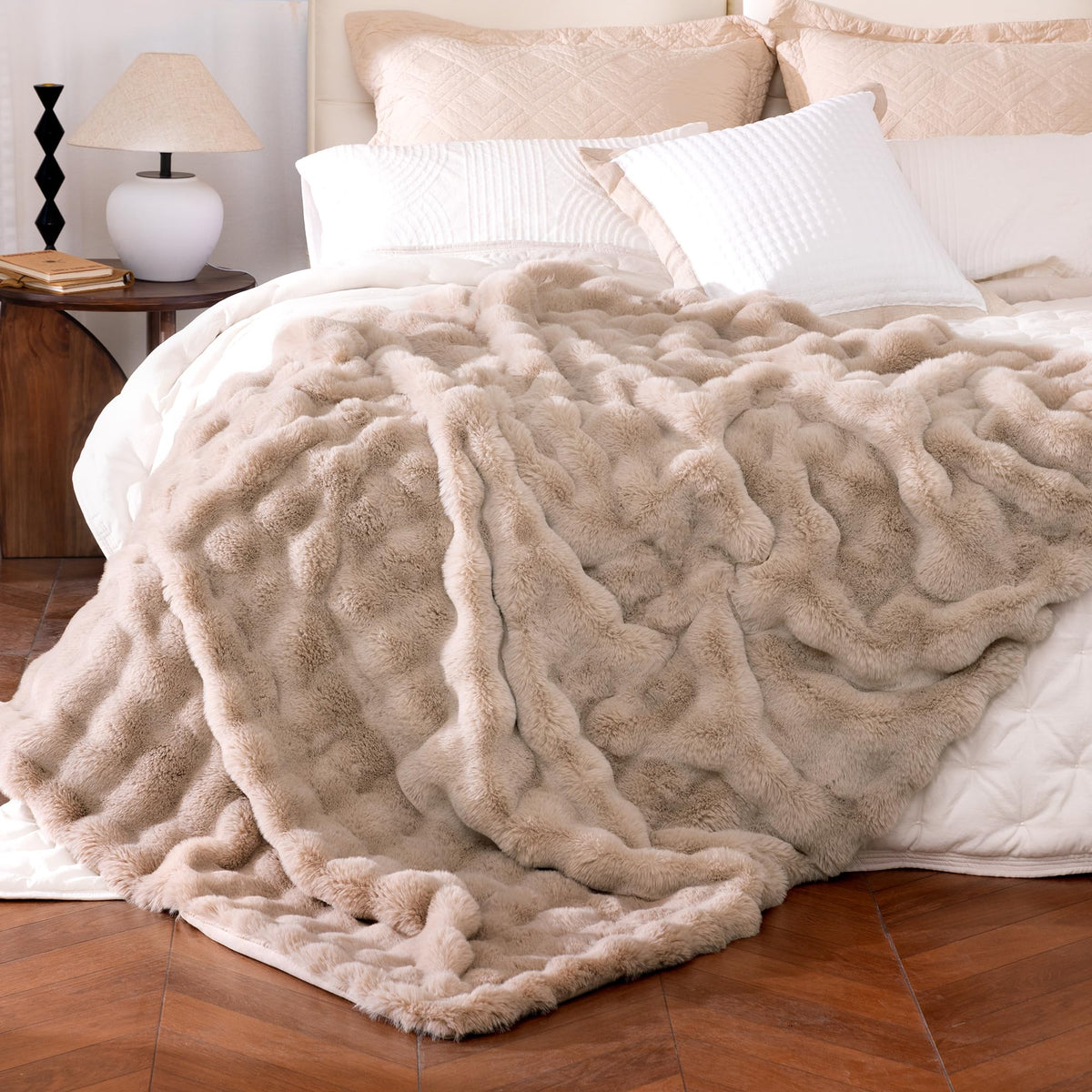 blunique front view of light brown throw showing full coverage and cozy appeal