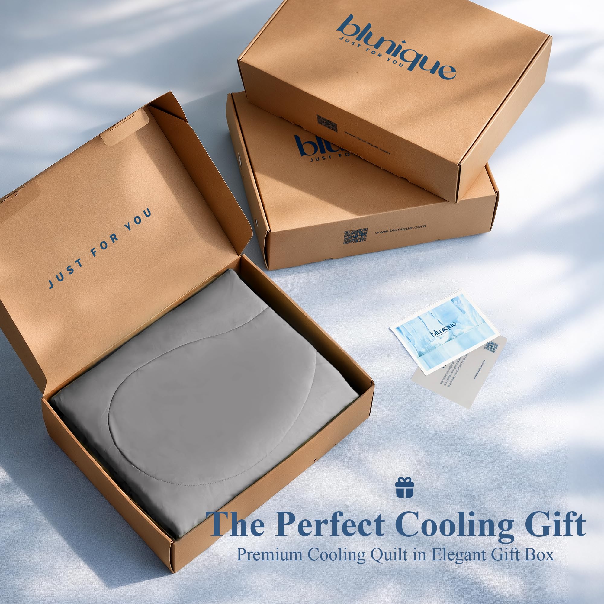 blunique kraft gift box with comforter displayed, ideal present for hot sleepers benefit