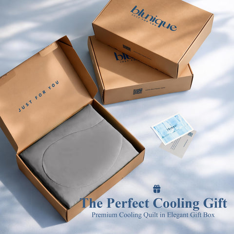 blunique kraft gift box with comforter displayed, ideal present for hot sleepers benefit