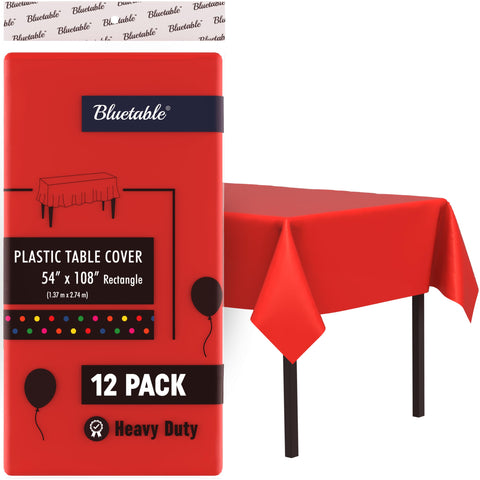 Bluetable front packaging showing 12 red disposable tablecloths and quick setup benefit