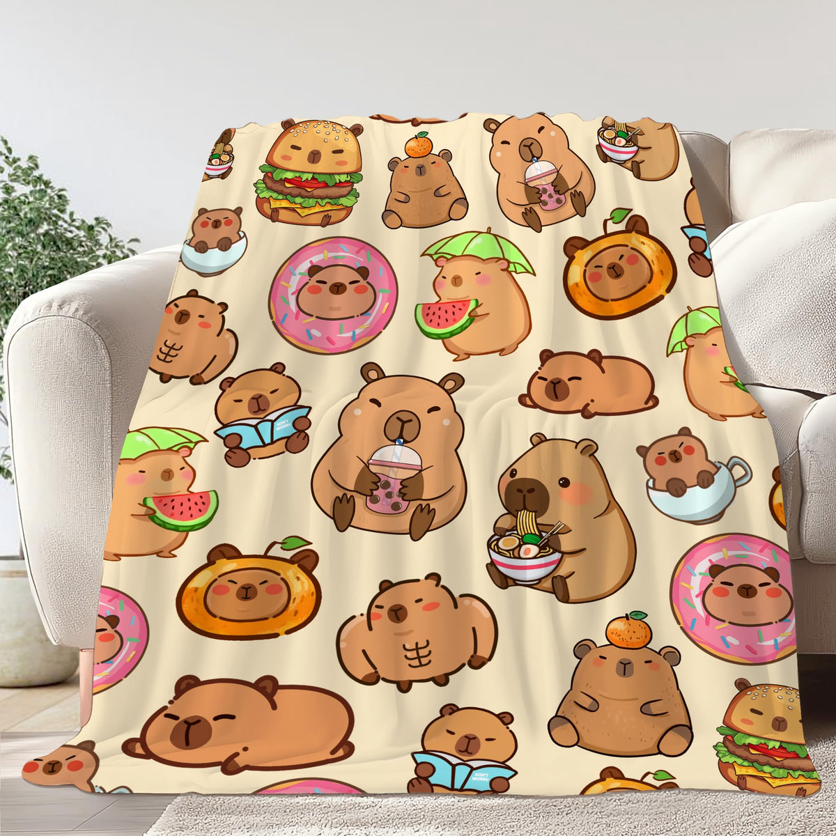 Bmaows capybara blanket front view showing cute print and cozy design for quick comfort