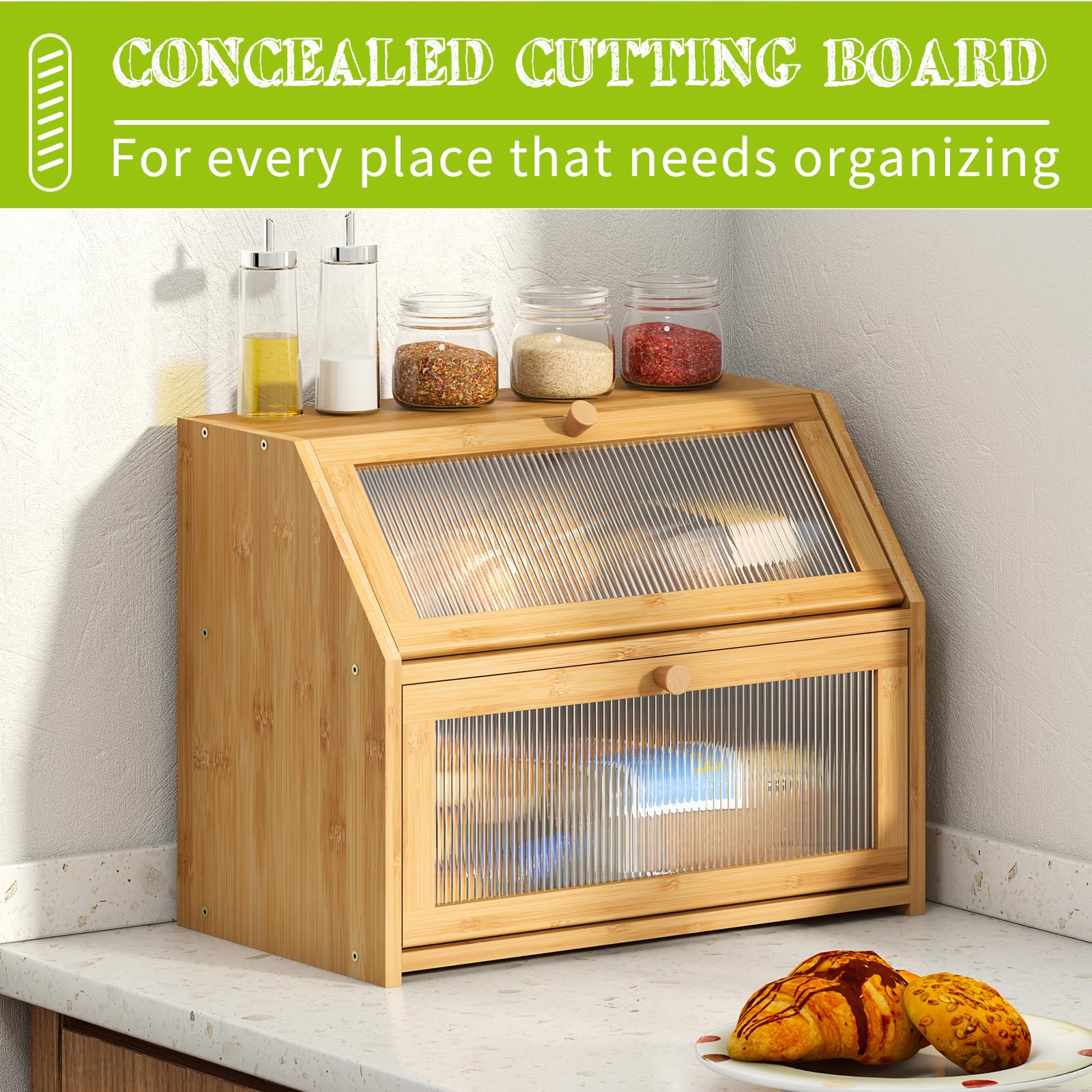 BMOSU double-layer interior storing two loaves and rolls for organized space