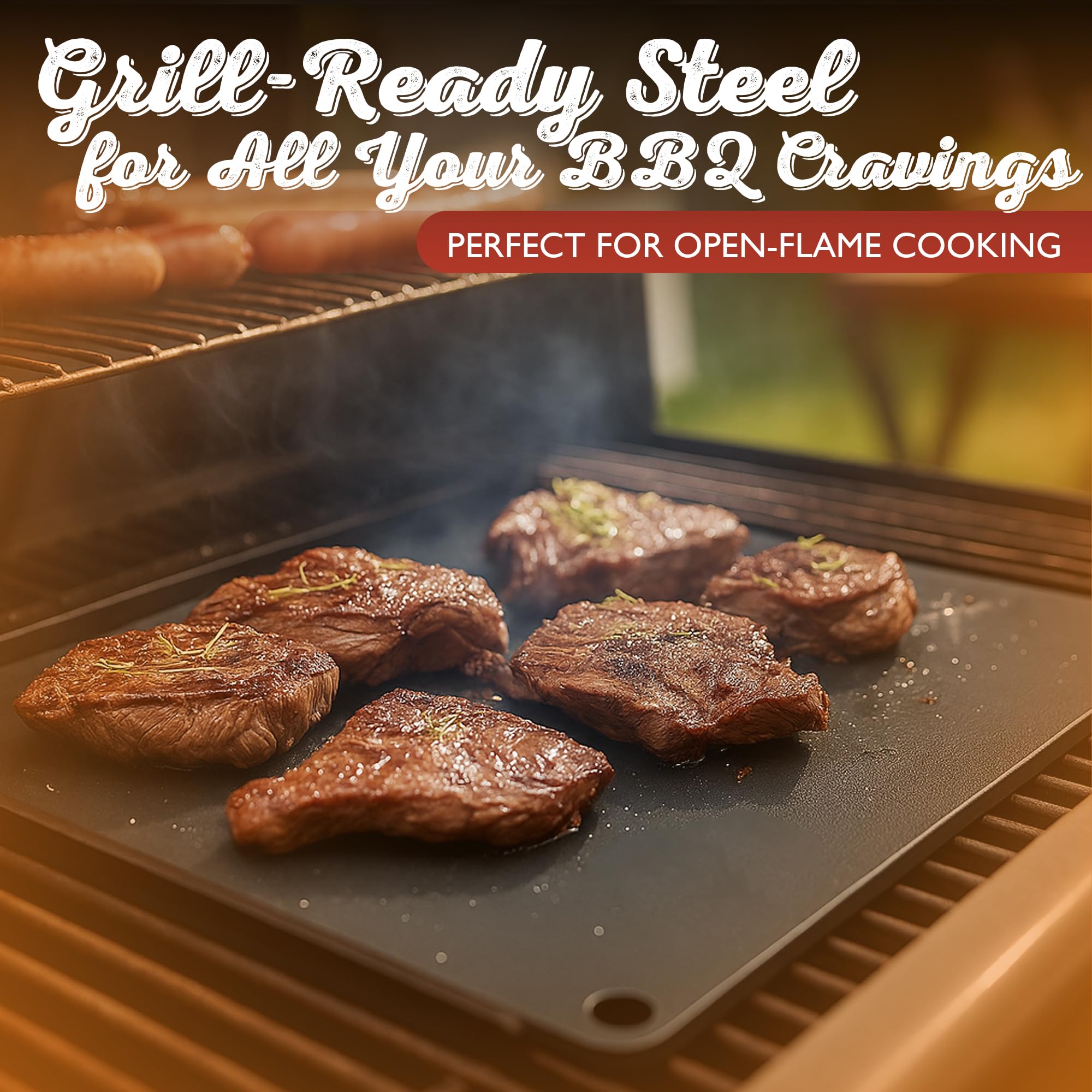 BOACHEE steel on charcoal grill showing outdoor versatility and high-heat searing benefit