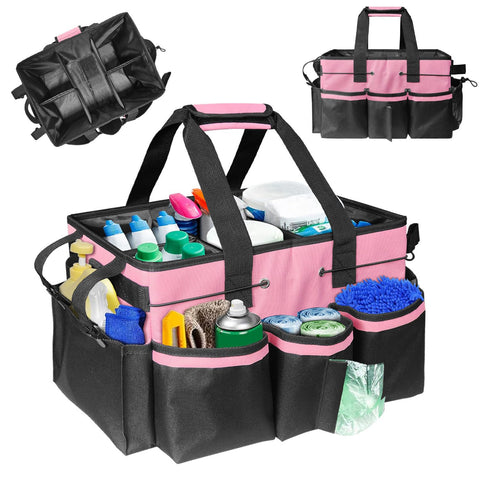 Boczif front view of pink cleaning caddy showing organized layout and easy access