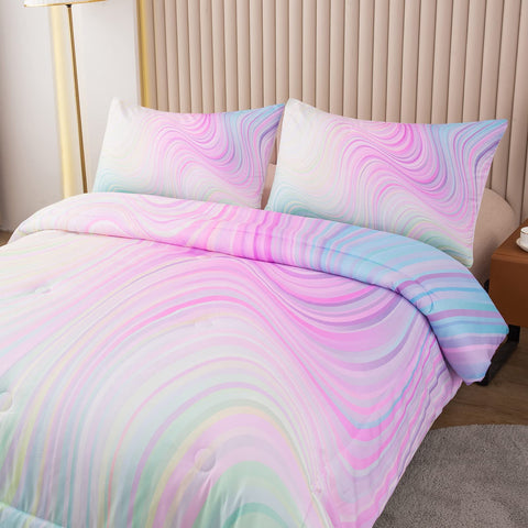 Bodhi front view comforter showing pastel tie dye marbling and bedroom impact