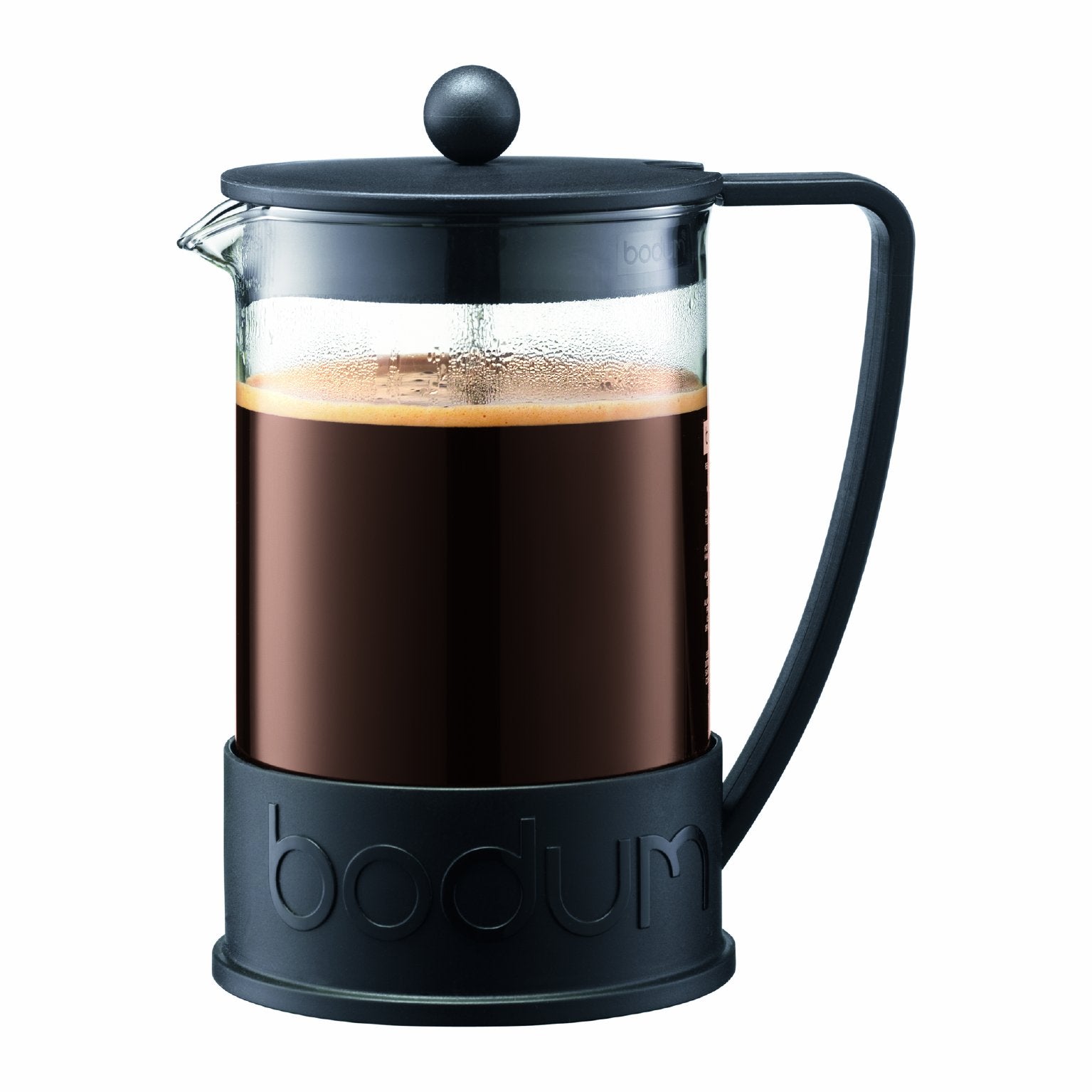Bodum Brazil front view showing black frame and full carafe for easy serving