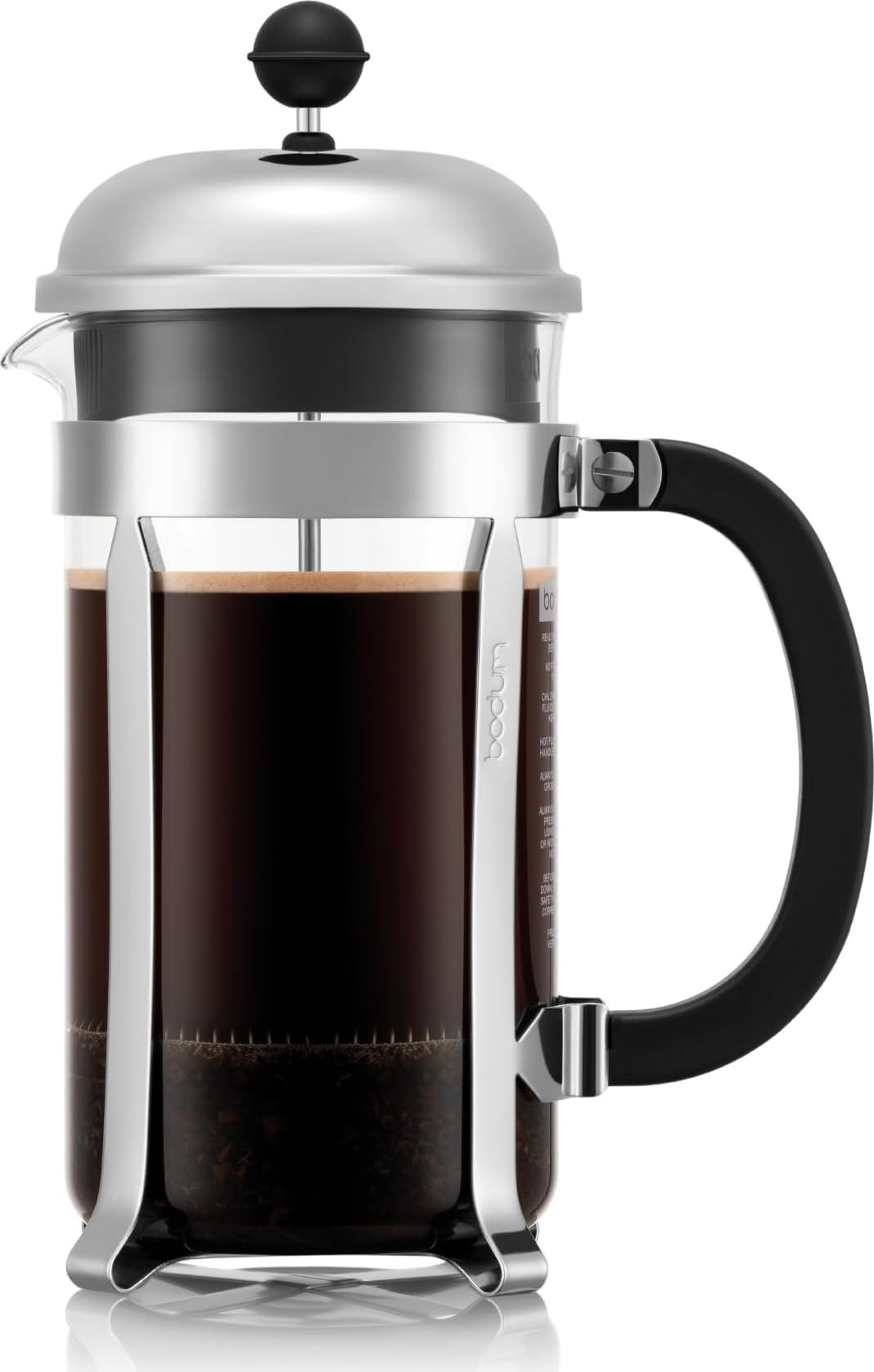 Bodum Chambord front view showing polished frame and glass carafe for elegant brewing