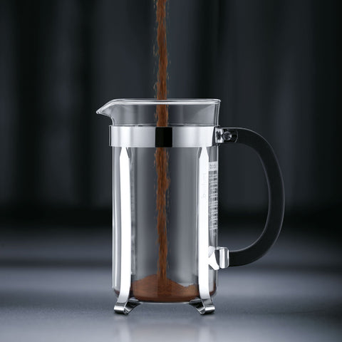Bodum Chambord stainless steel plunger close-up displaying fine mesh filter for fuller flavor