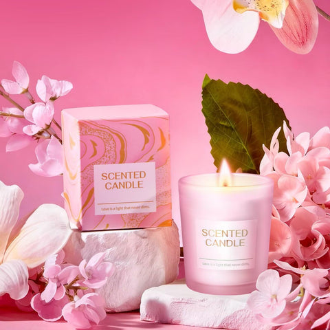 BodyRefresh rose-scented candle lit in low light, creates calming aromatic atmosphere