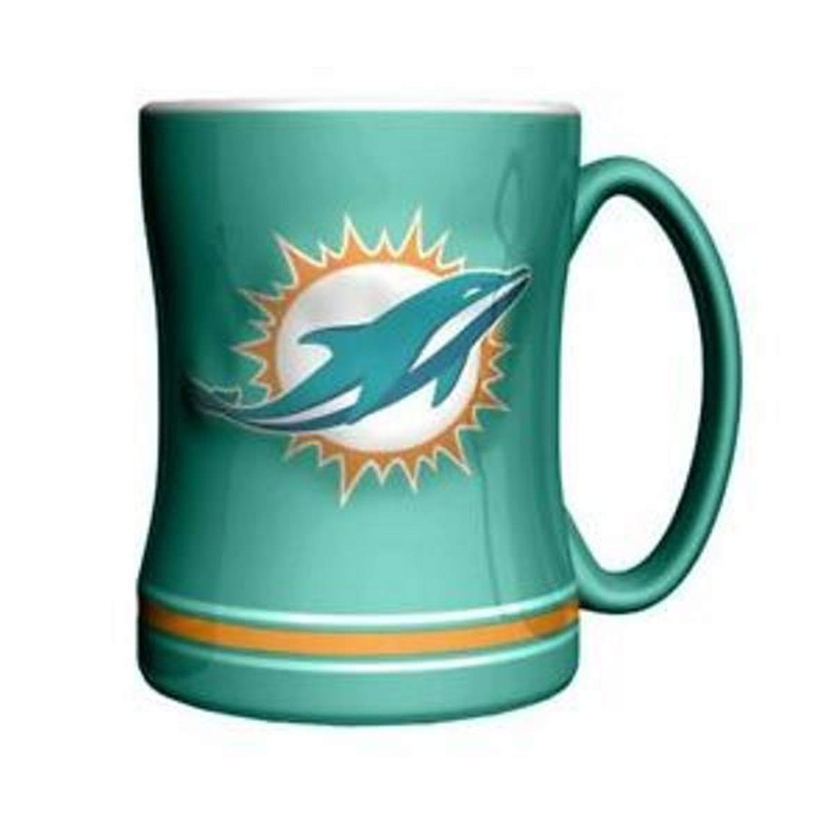 Boelter Brands Miami Dolphins mug front view shows team pride and sturdy ceramic