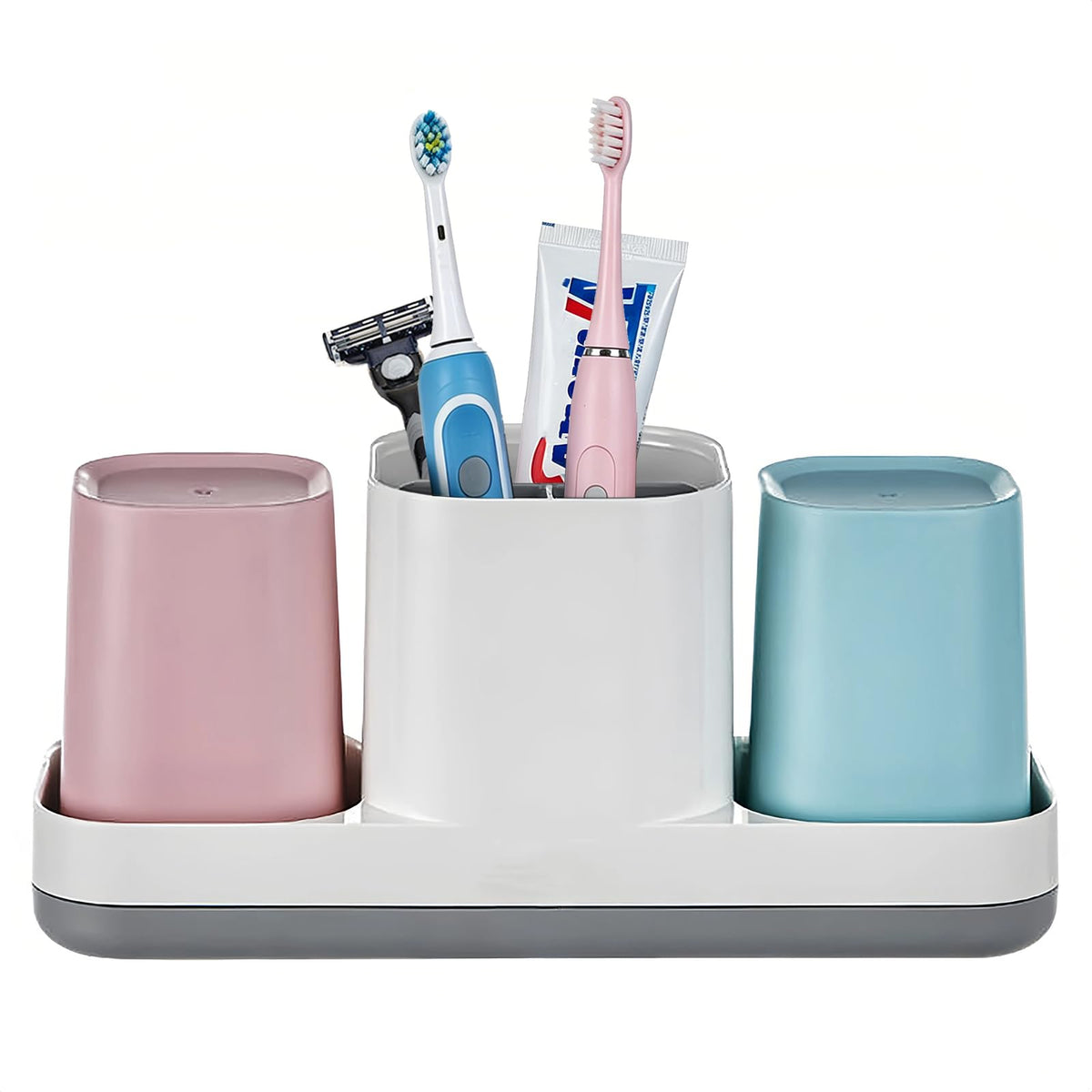Boershun front view of holder with pink and blue cups, neat bathroom storage benefit