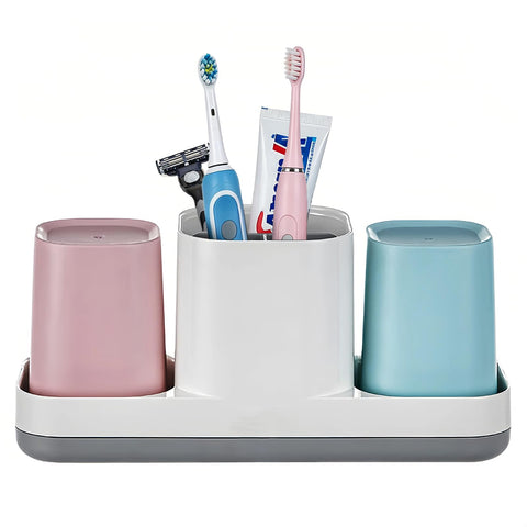 Boershun front view of holder with pink and blue cups, neat bathroom storage benefit