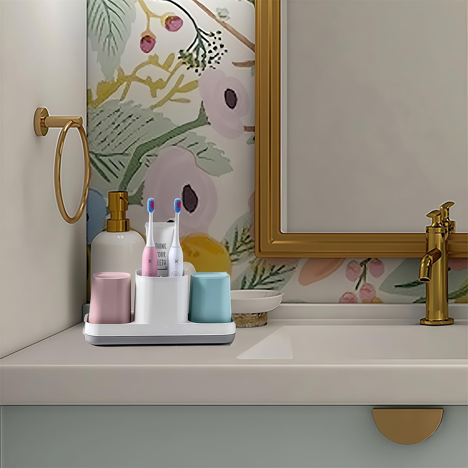 Boershun toothpaste and brushes organized in three slots to reduce countertop clutter