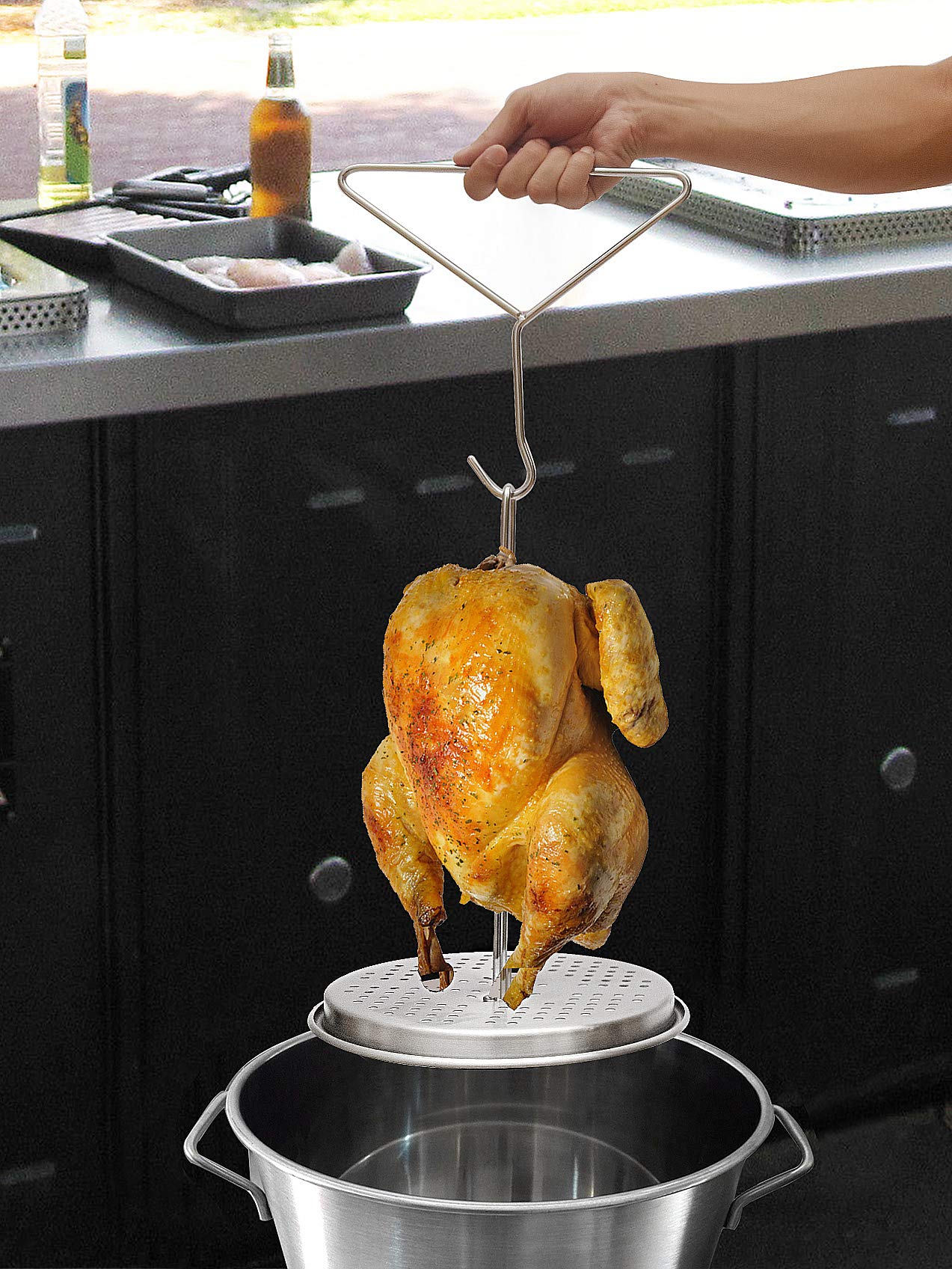 BOHK assembled vertical rack holding a chicken inside a fryer for even crisping